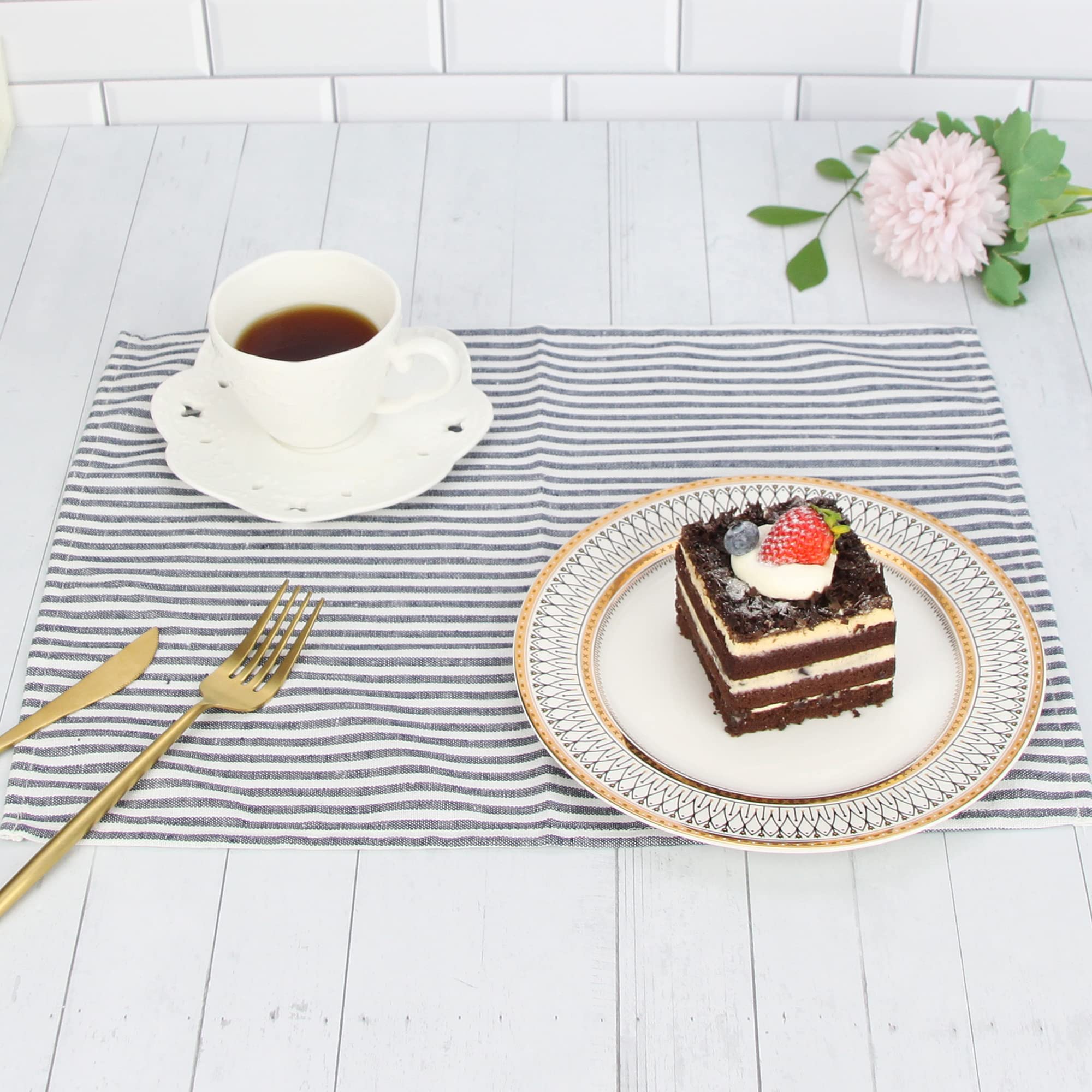 Infei Plain Striped Cotton Linen Blended Dinner Cloth Napkins - Set Of 12 (40 X 30 Cm) - For Events & Home Use (Navy)