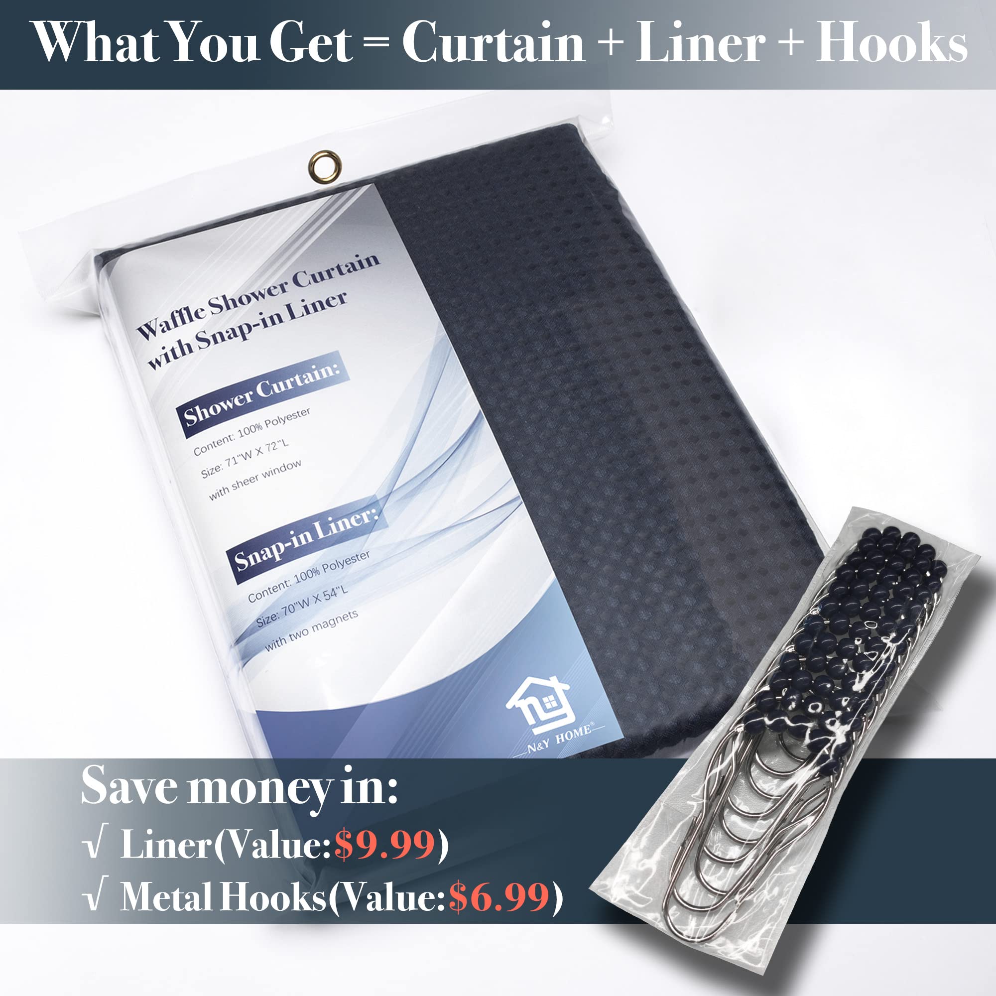 N&Y HOME Waffle Weave Shower Curtain with Snap-in Fabric Liner & Metal Hooks Set - Hotel Style  Mesh Top Window  Water-Repellent & Washable - 71x72  Navy Blue