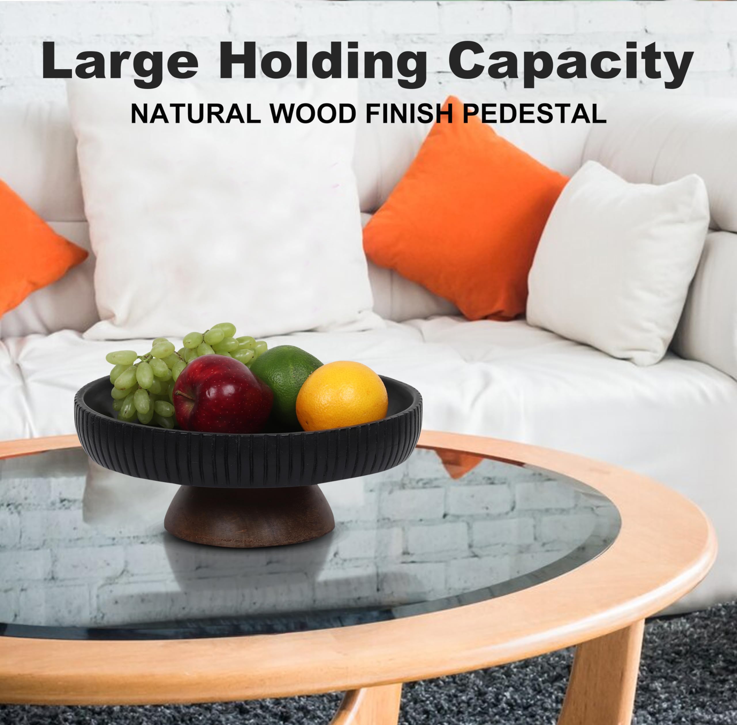 Lavauk Mango Wood Fruit Bowl, Decorative Black Bowl With Natural Finish Pedestal | 12'' Dia | Dual Tone Look | Use As Centerpiec