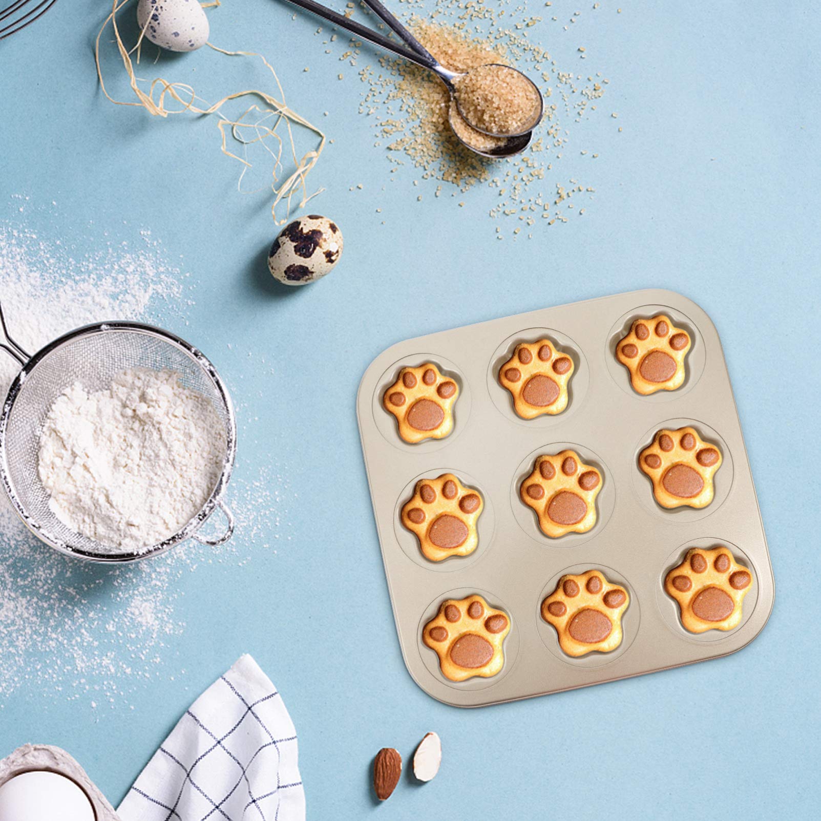 Luxshiny Round Cake Pans Muffin Pan 9 Cup Cat Paw Shaped Cupcake Baking Pan Non-Stick Mini Fondant Pans Steel Cookies Molds Muff
