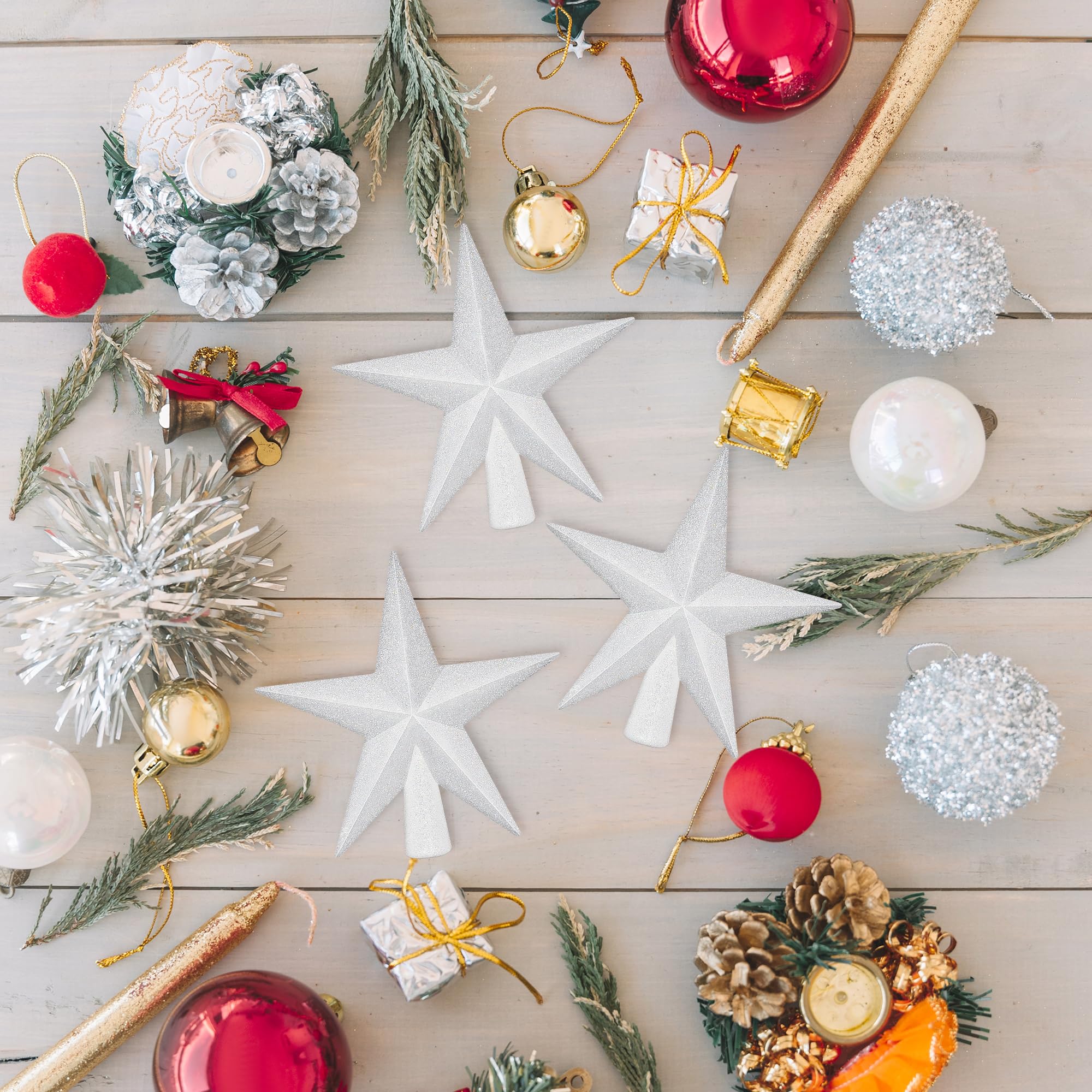 Christmas Tree Topper, 1PCS 4 White Glitter Star Tree Topper, 3D Xmas Shatter-Proof Mini Bethlehem Star Tree Topper Decorations,