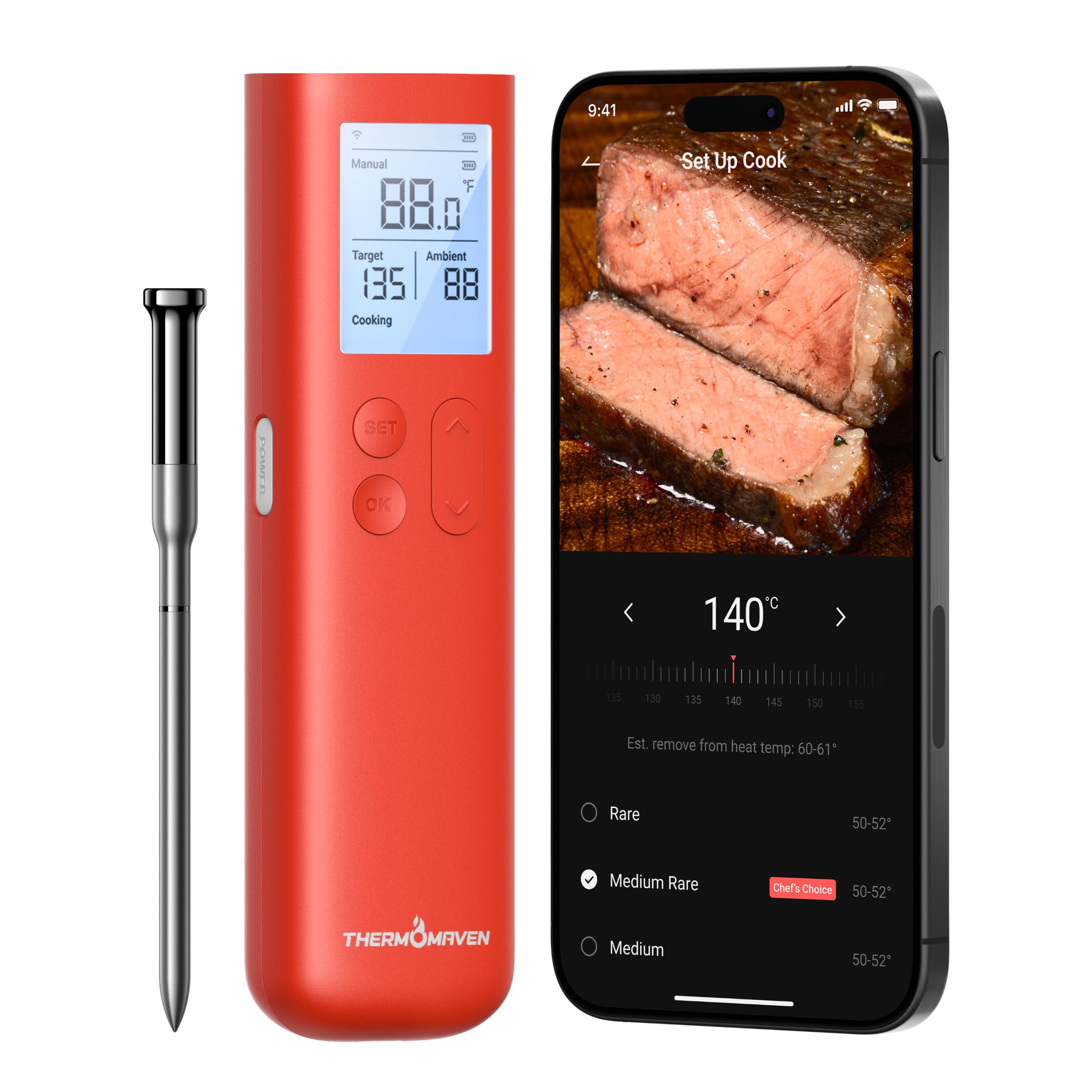 ThermoMaven Wireless Meat Thermometer, 10X Enhanced Signal and Stability with Sub-1G, Standalone Display & Control Base, Certifi