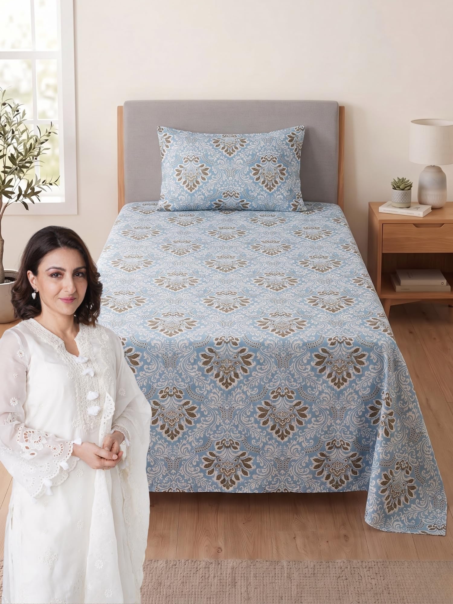 Mafatlal 144 Tc Fern Cotton Bedsheet For 90 X 60 Inches Single Bed With 1 Pillow Cover | Stylish Printed Pattern | Soft Bed Line
