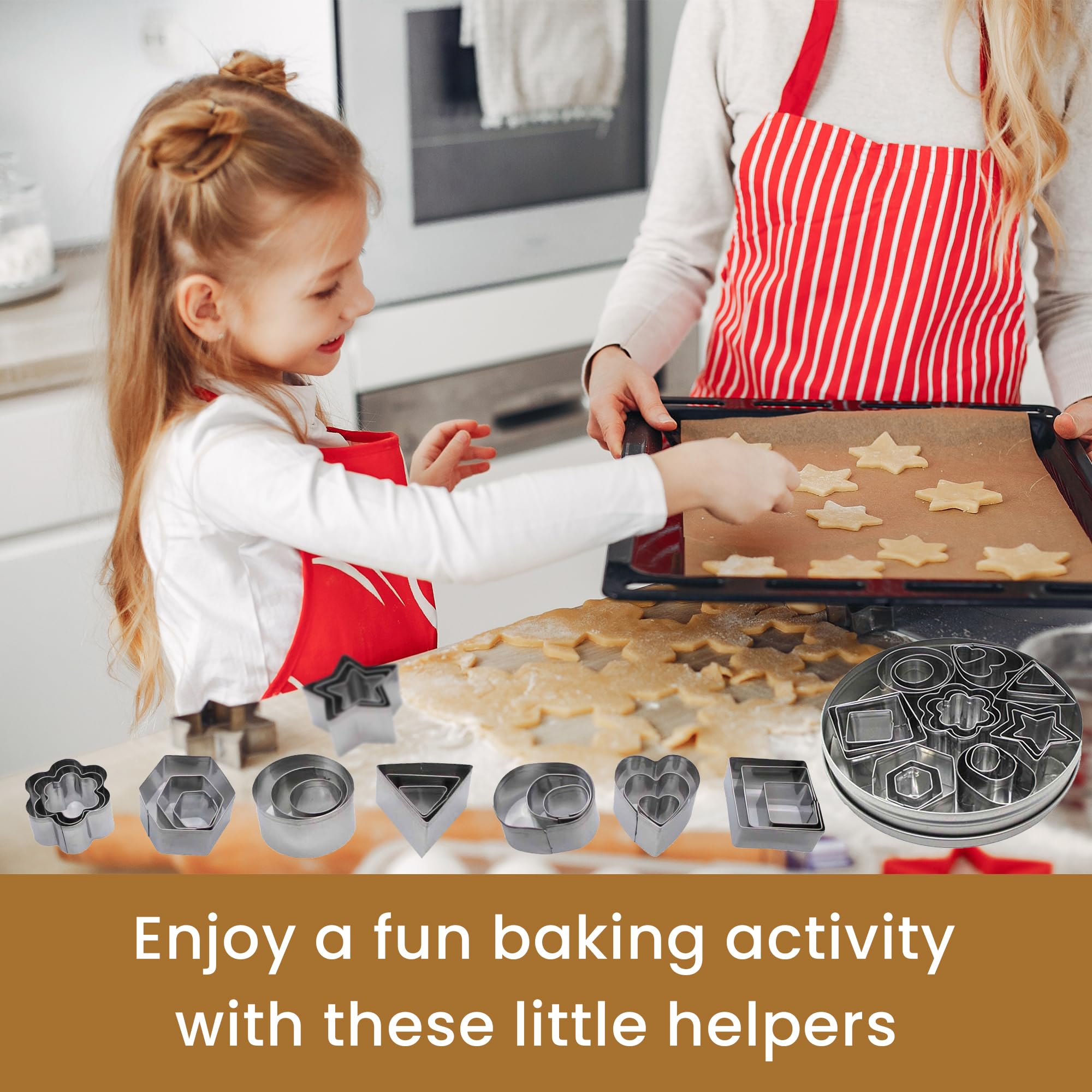 Gadgetime Usa Stainless Steel Mini Cookie Cutter Set (24 Pcs) - Geometric Shapes Biscuit Molds & Stamp - Round, Star, Triangle,