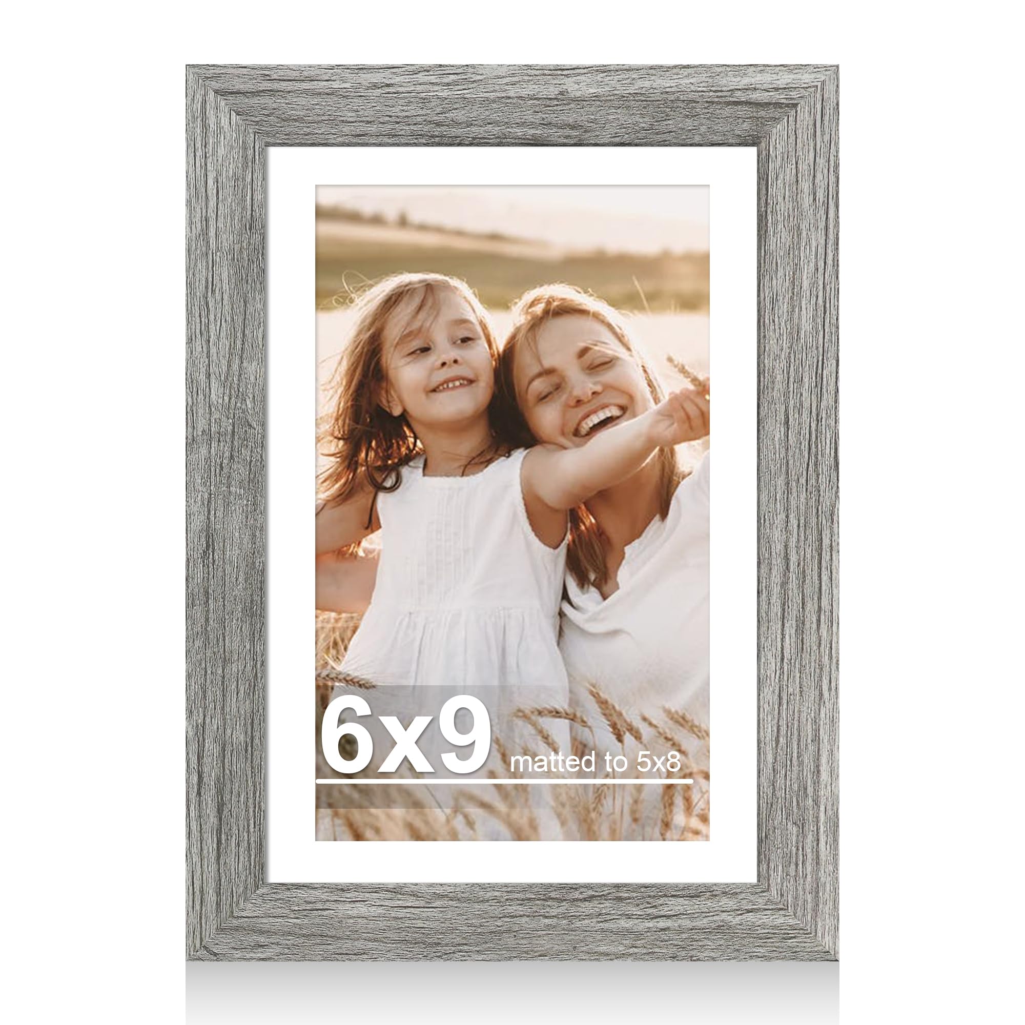 Hongkee 6x9 Picture Frame with Glass, Display Pictures 5x8 with Mat or 6 x 9 without Mat - Wall and Tabletop, 6 by 9 Photo Woode