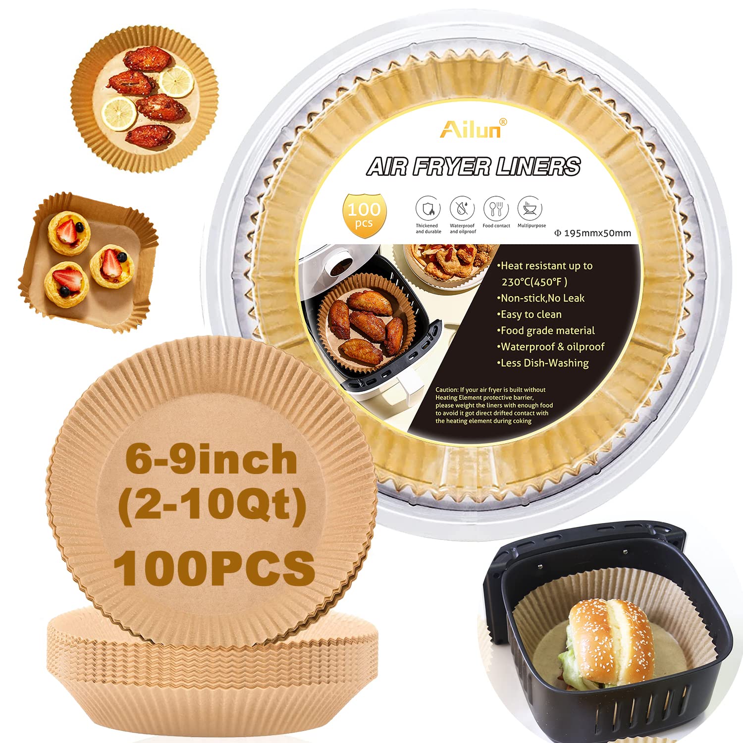 Ailun 8Inch Air Fryer Disposable Paper Liners, 100Pcs Non-Stick Air Fryer Parchment Liner, Oil Resistant, Waterproof, Food Grade