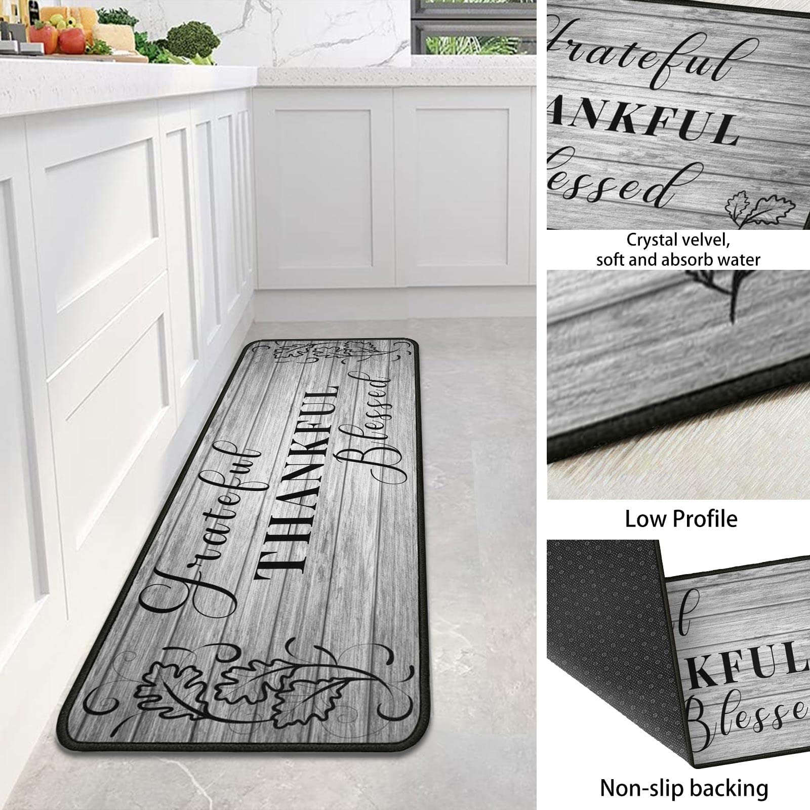 Grateful Thankful Blessed Kitchen Rugs Set Of 2 Grey Non-Slip Kitchen Rug And Mat Cushioned Comfort Kitchen Standing Rug For Kit
