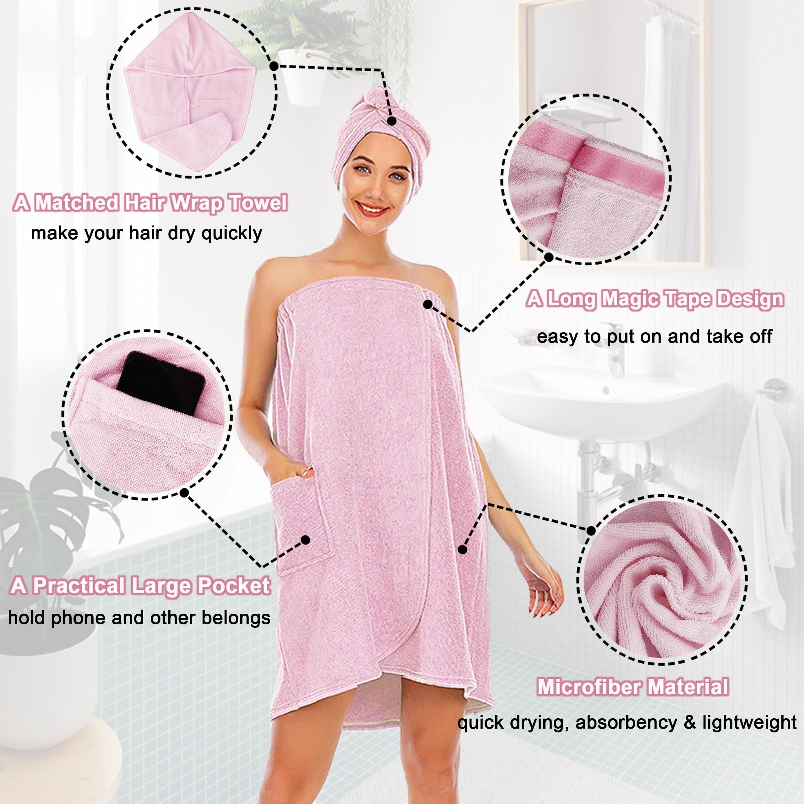 Hysunland Pink Xxl Plus Size Towel Wraps For Women After Shower, Plus Size Womens Bath Shower Wrap For Pool, 2X Wearable Body To
