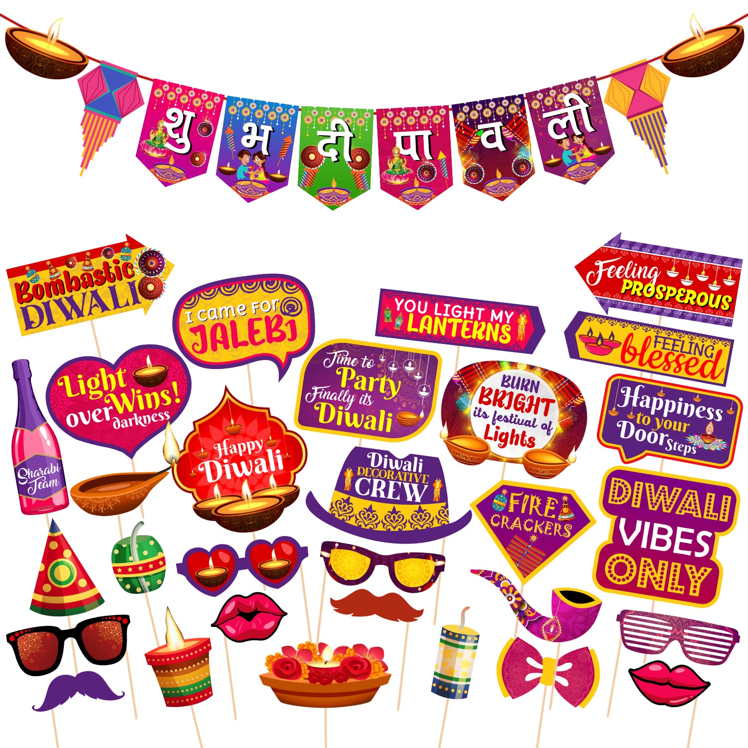 Zyozique 31 Pieces Happy Diwali Party Photo Booth Props and Paper Banner Kit Festival of Lights Prop for Photoshoot Diwali Party