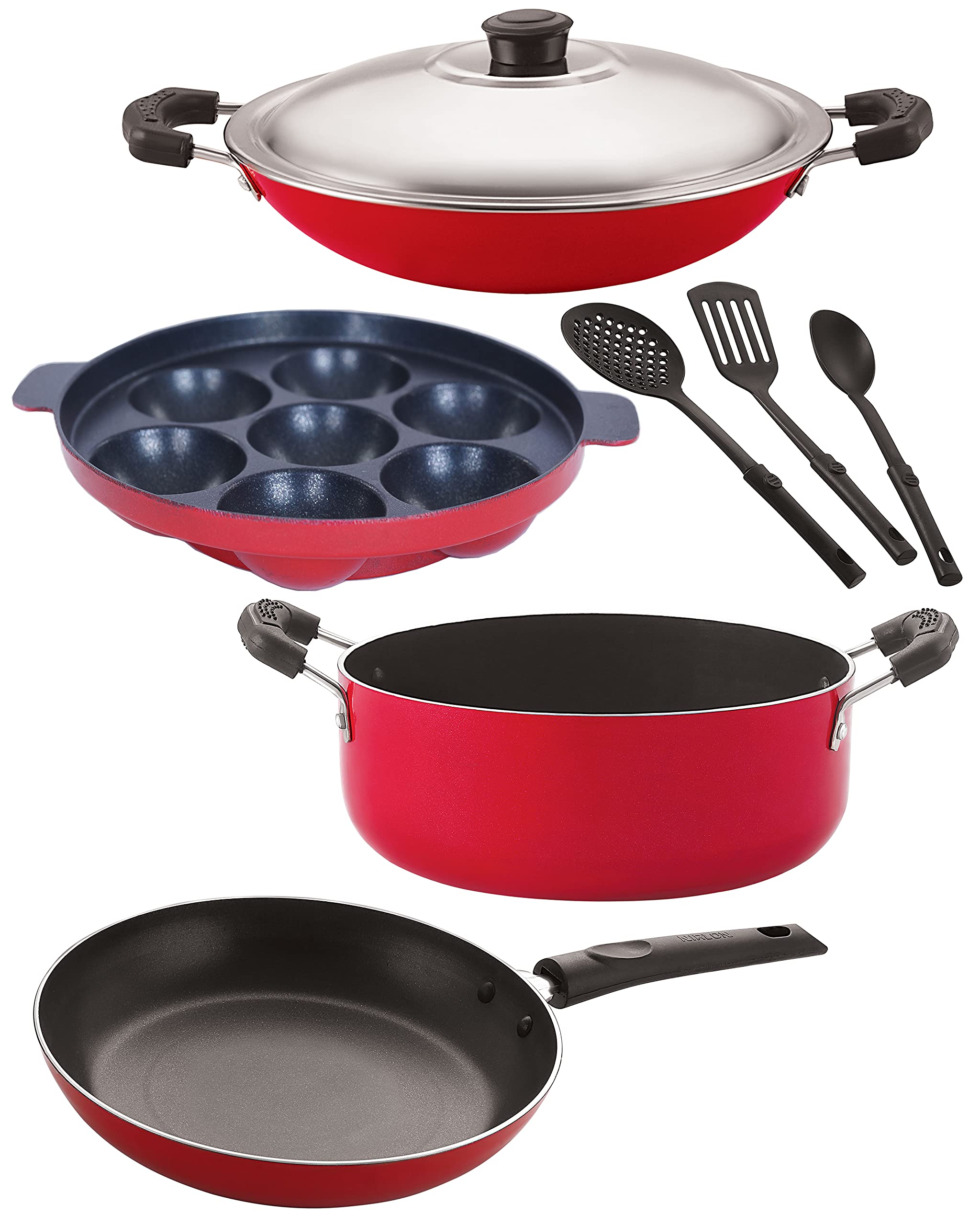 Nirlon Nonstick Coated Aluminium 7 Pcs Set Of Appam7 Cavity,Appachatti22.5Cm,Casserole22Cm,Tapper Pan24Cm & 3 Spoon (2.6Mm_A