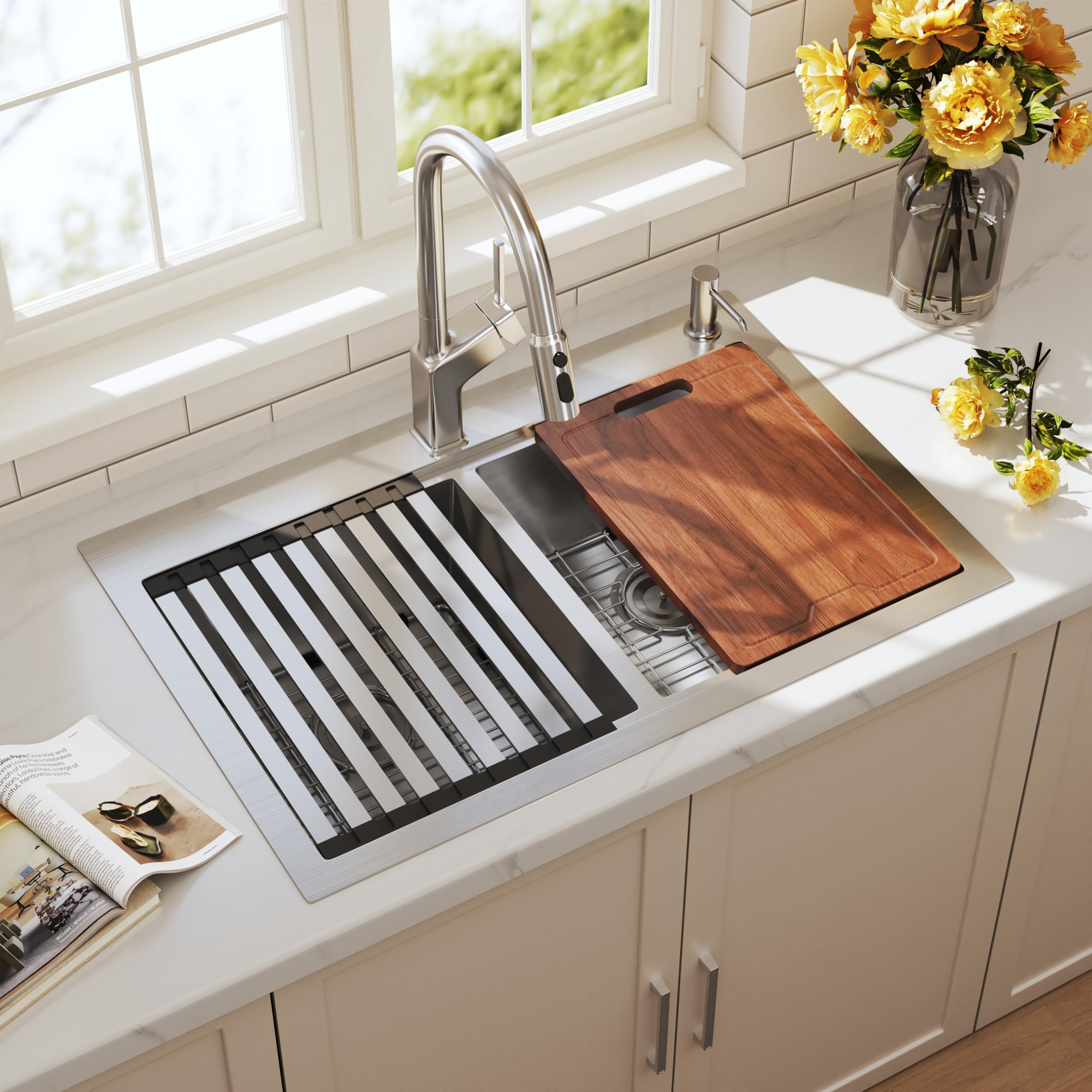 Blenzia 33 Inch Double Bowl Drop In Workstation Kitchen Sink 50/50 Topmount 16 Gauge Stainless Steel 33x22 Sinks with Accessorie