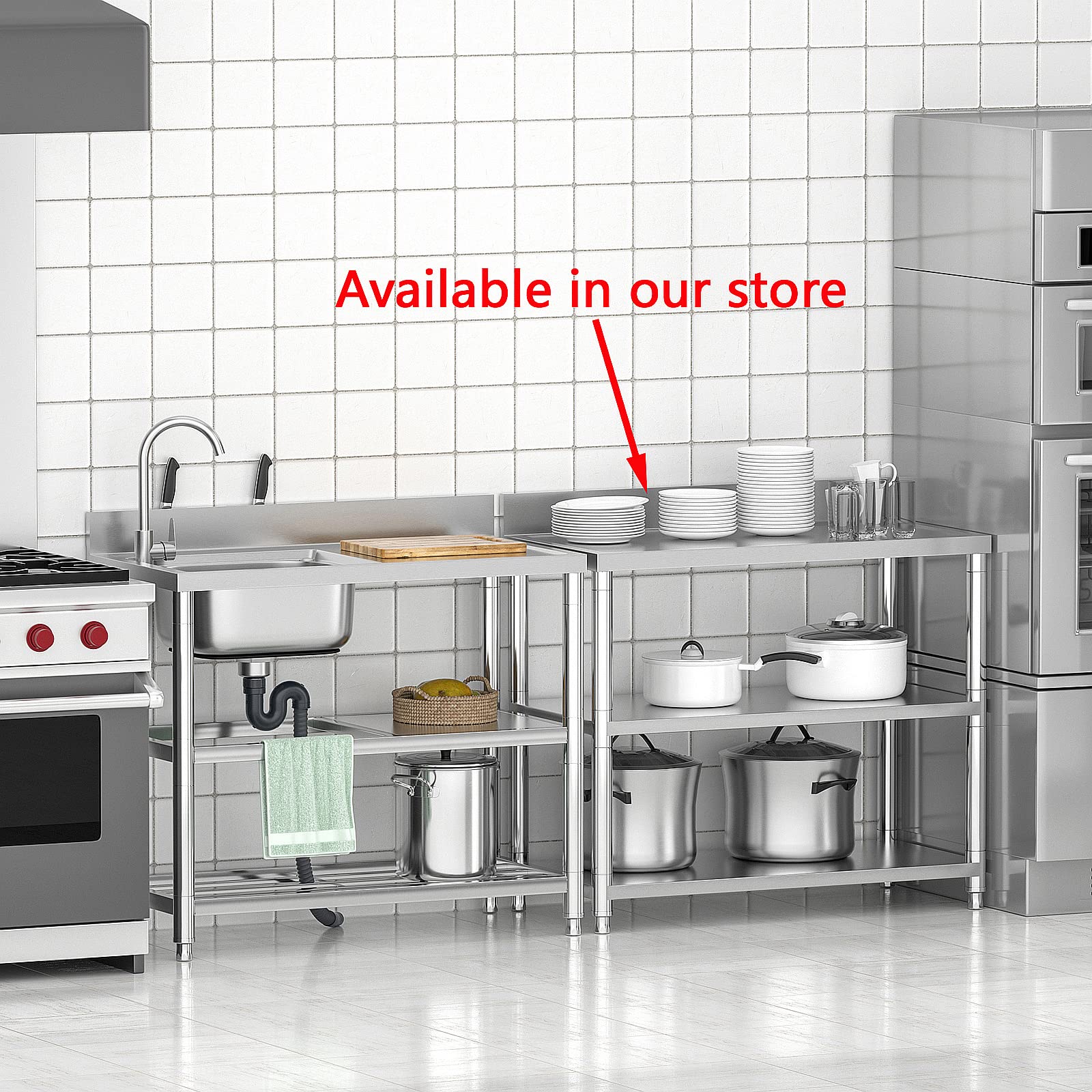 Free Standing Stainless-Steel Single Bowl Commercial Restaurant Kitchen Sink Set W/Faucet & Drainboard, Prep & Utility Washing H
