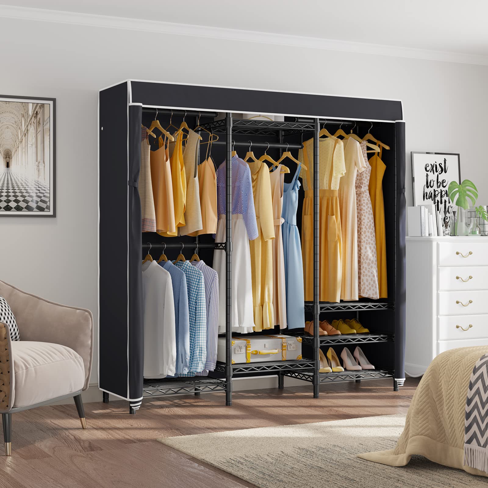 Vipek V5C Covered Clothes Rack Heavy Duty Portable Closet Wardrobe, Freestanding Black Metal Clothing Rack With Black Dustproof