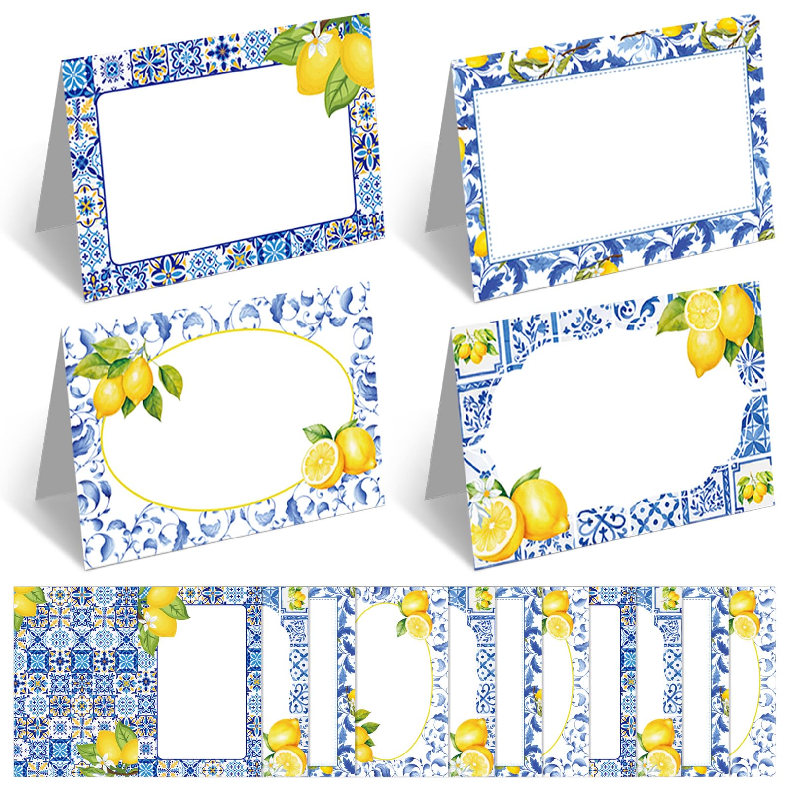 Jetec 48 Pcs Capri Lemon Place Cards Yellow and Blue Tile Table Name Cards Tent Placard Buffet Food Label for Table Setting Birt