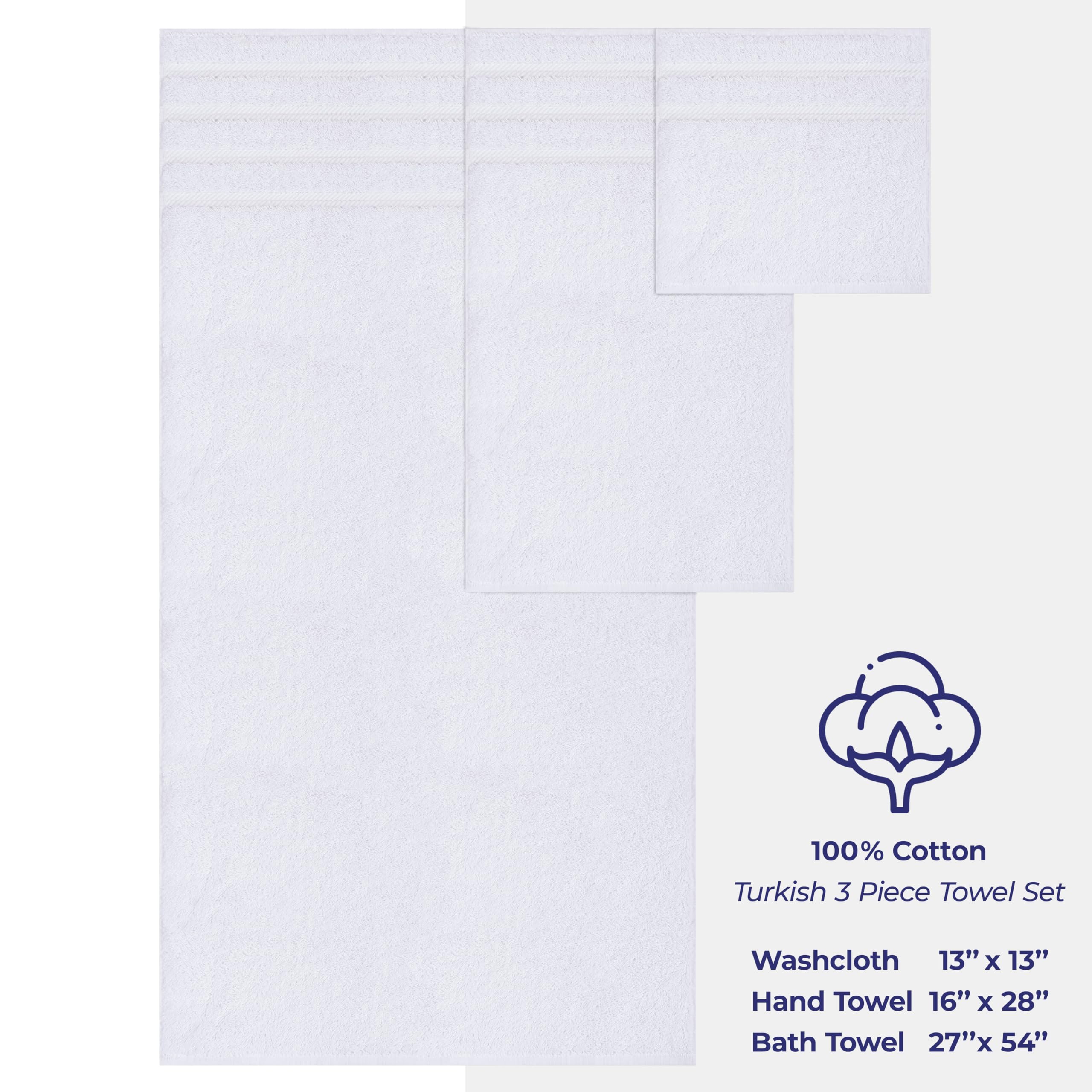 American Soft Linen Luxury 3 Piece Towel Sets  1 Bath Towel 1 Hand Towel 1 Washcloth  100% Turkish Cotton Towels for Bathroom  White Towel Set