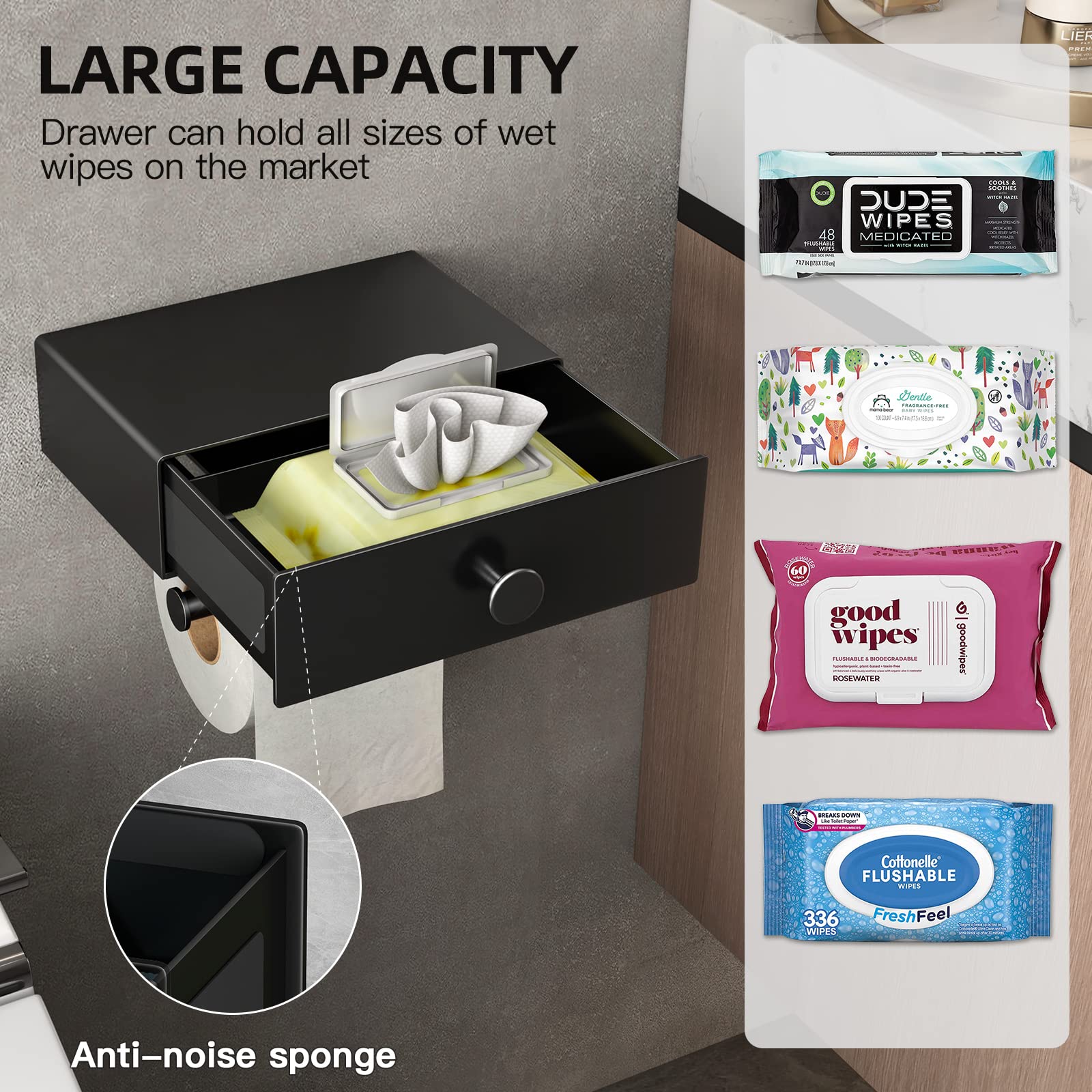 VOLDRA Toilet Paper Holder with Shelf Black Wipes Dispenser Bathroom Toilet Paper Holder with Storage Upgrade Drawer Design Toilet Tissue Holder Adhesive Small Bathroom Shelf Wall Mount