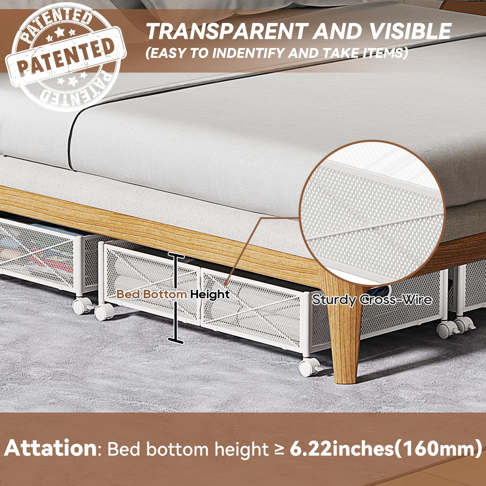 PHINOX Under Bed Storage with wheels, Under the Bed Storage Containers,Upgrade Crossed Iron Wire, Metal Rolling Underbed Storage