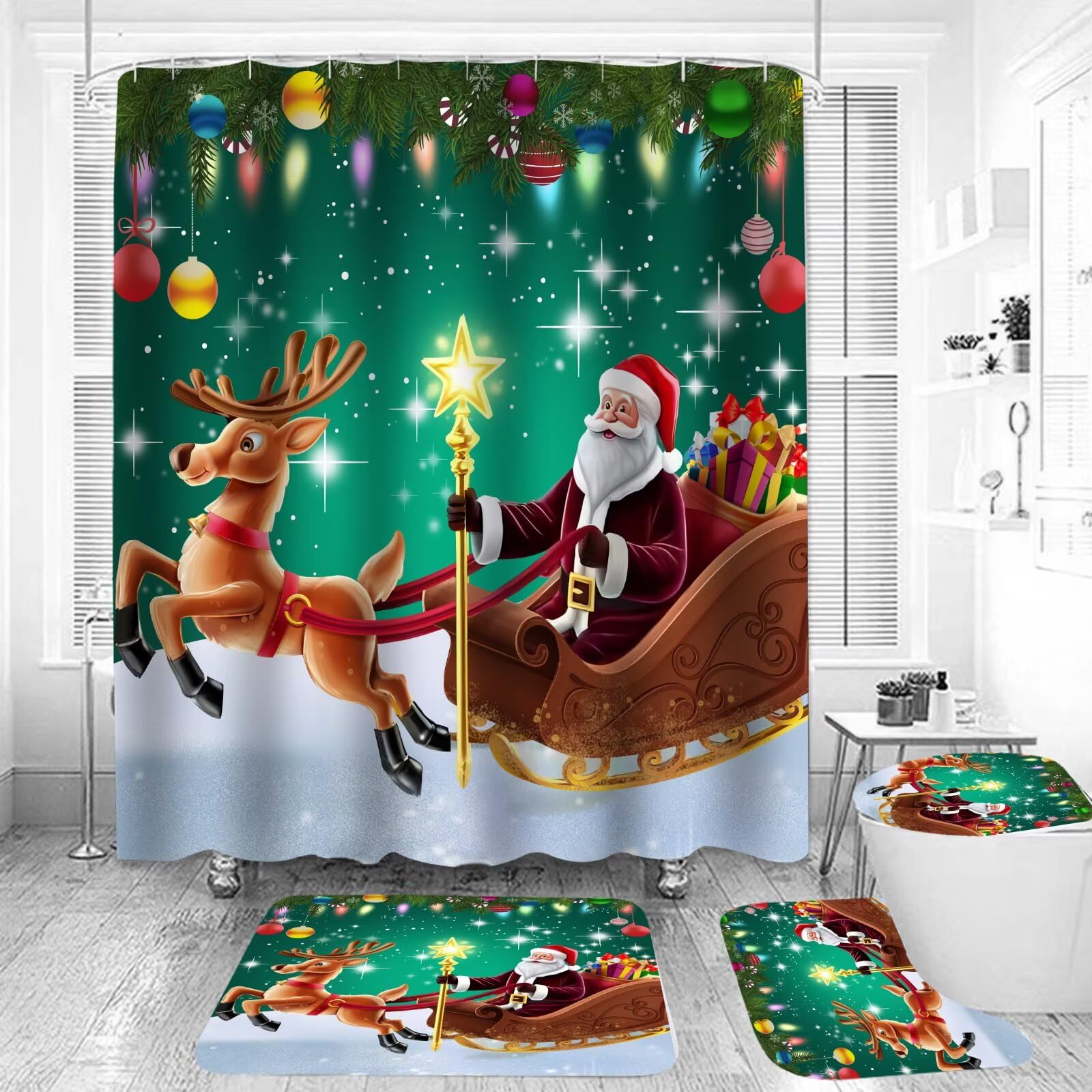 AYULO 4PCS Christmas Santa Reindeer Shower Curtain Set, Rope Ball Green Pine Branches Holiday Decor with Rugs, Toilet Lid Cover 