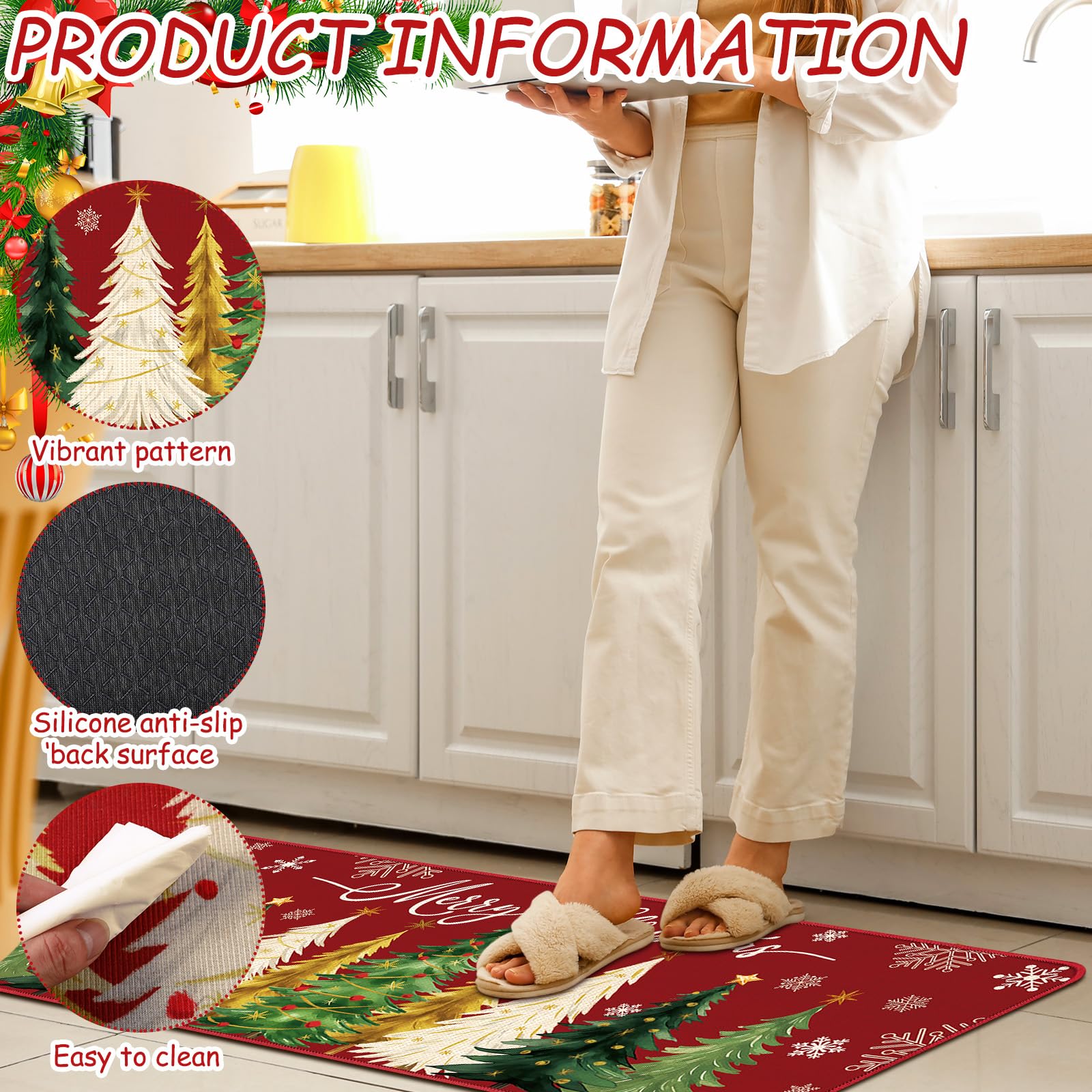 Drydiet 3 Pcs Christmas Kitchen Rug and Mat Set Washable Red Xmas Tree Kitchen Floor Mats Waterproof Non Slip Farmhouse Merry Ch