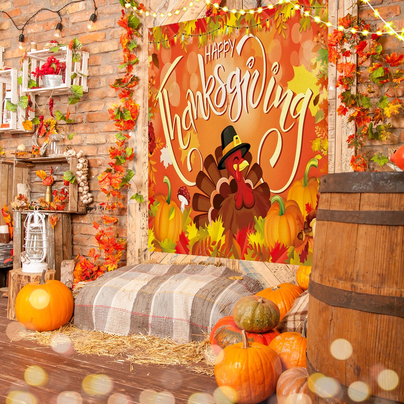 Preboun 7 x 8 ft Happy Thanksgiving Garage Door Cover Turkey Day Garage Door Banner with String Light Fall Large Autumn Holiday