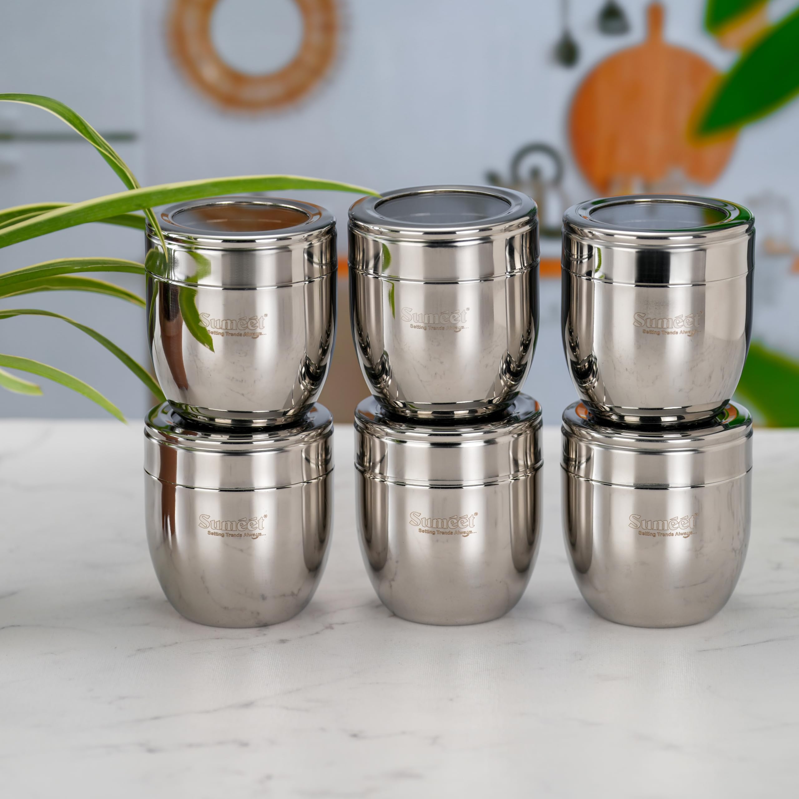 Sumeet Stainless Steel Conical Shape Canisters/Dabba/Storage Containers For Kitchen With See Through Lid, Set Of 6 Pcs, 500Ml Ea