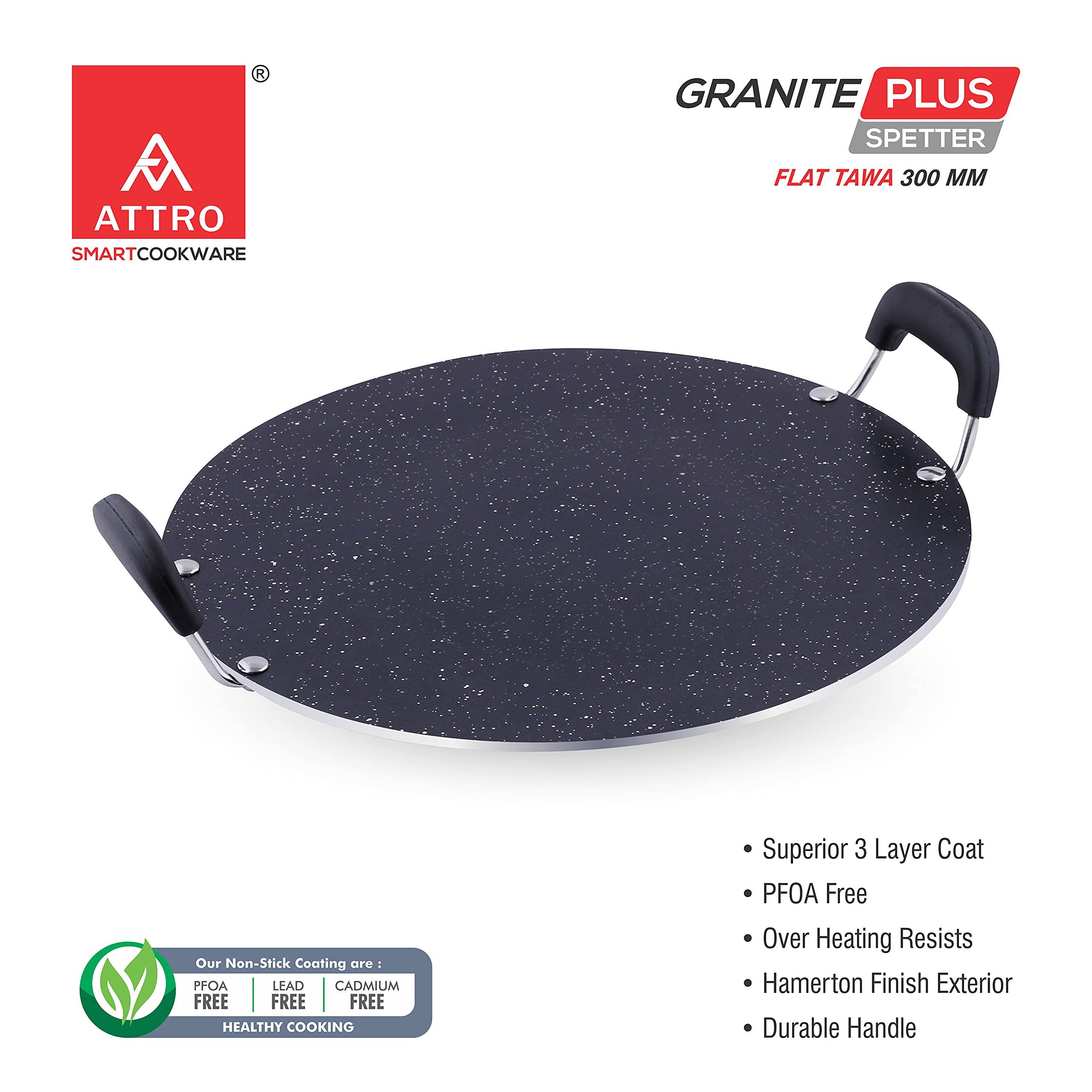Attro Non Stick Aluminium Heavy Duty Double Handle Flat Spatter Finish Tawa, 300 Mm, (Black)