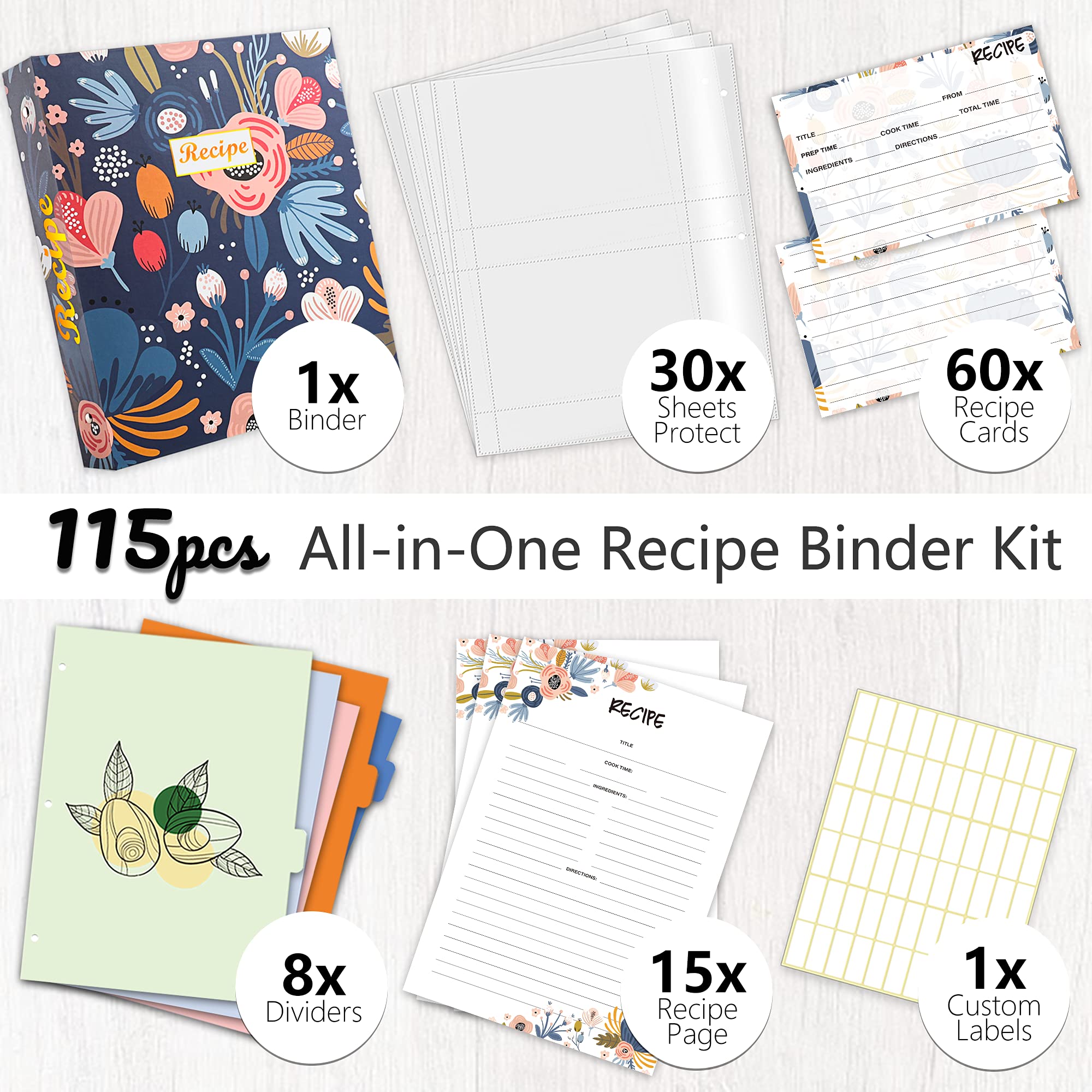 3 Ring Recipe Binder 8.5'' X 11'' Recipe Book Recipe Binder Kit With 60 Printed Recipe Cards 4'' X 6'', 8 Category Dividers To W