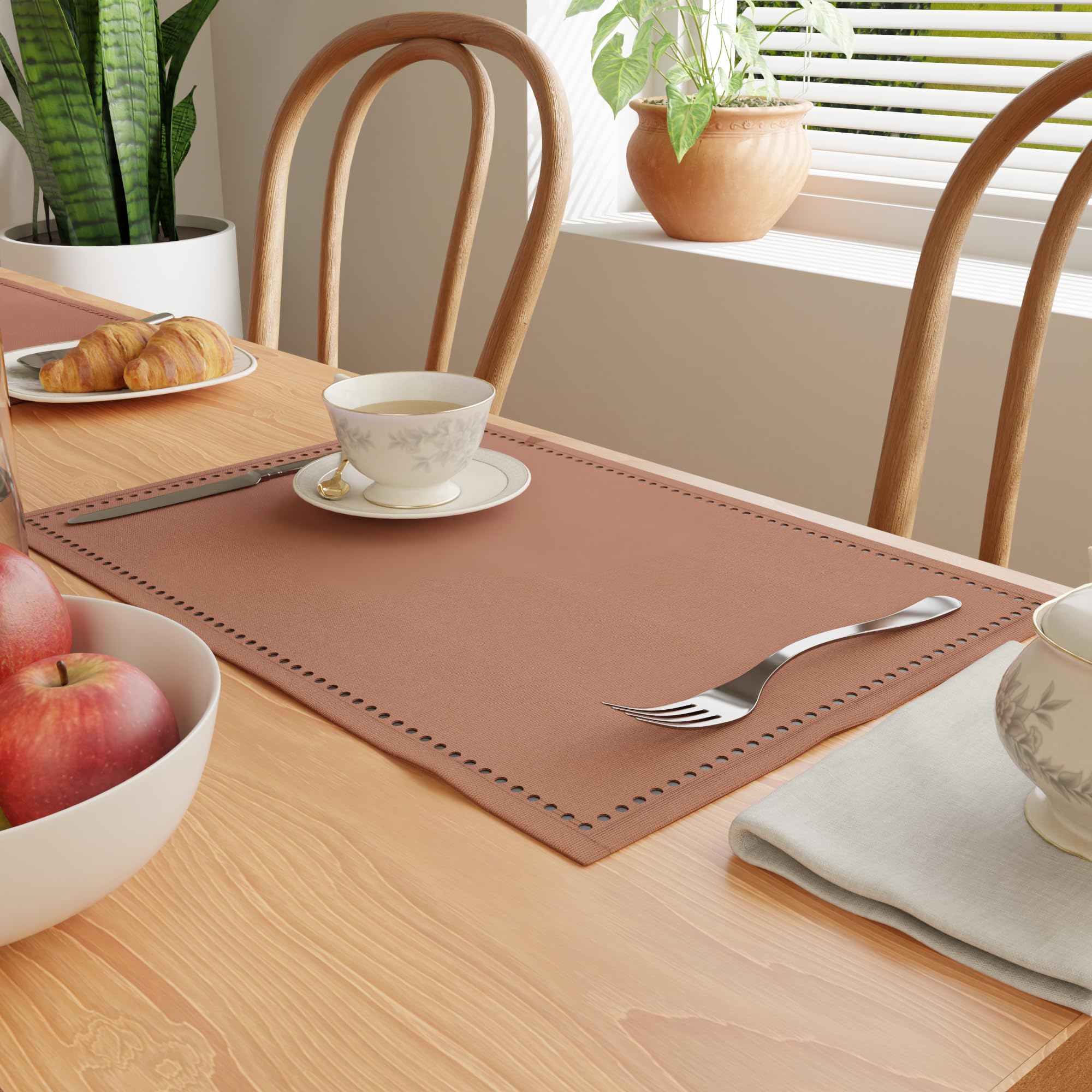 Encasa Homes 100% Pure Cotton Hemstitched Dining Table Placemats Of Size (Rectangular) - Tan - Set Of 4 | Perfect For Party, Hom