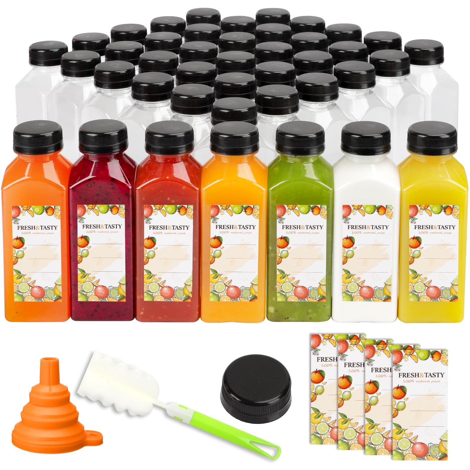 TOMNK 45pcs Juice Bottles, 12oz Reusable Juice Bottles with Caps and Labels, Funnel, Brush Beverage Containers for Juicing, Smoo