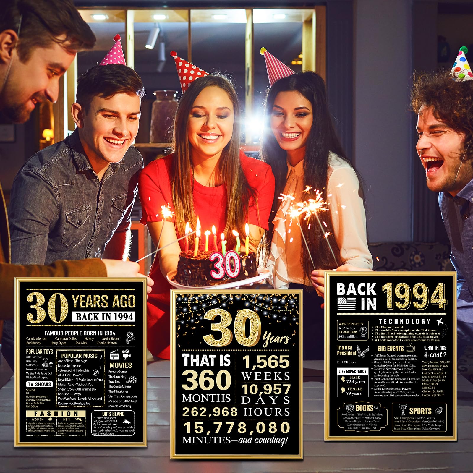 30 Years Ago 30th Birthday Wedding Anniversary Poster 3 Pieces 11 x 14 90s Party Decorations Supplies Large Sign Home Decor Black & Gold Wall Art Prints for Men and Women (Back in 1994-30 Years)