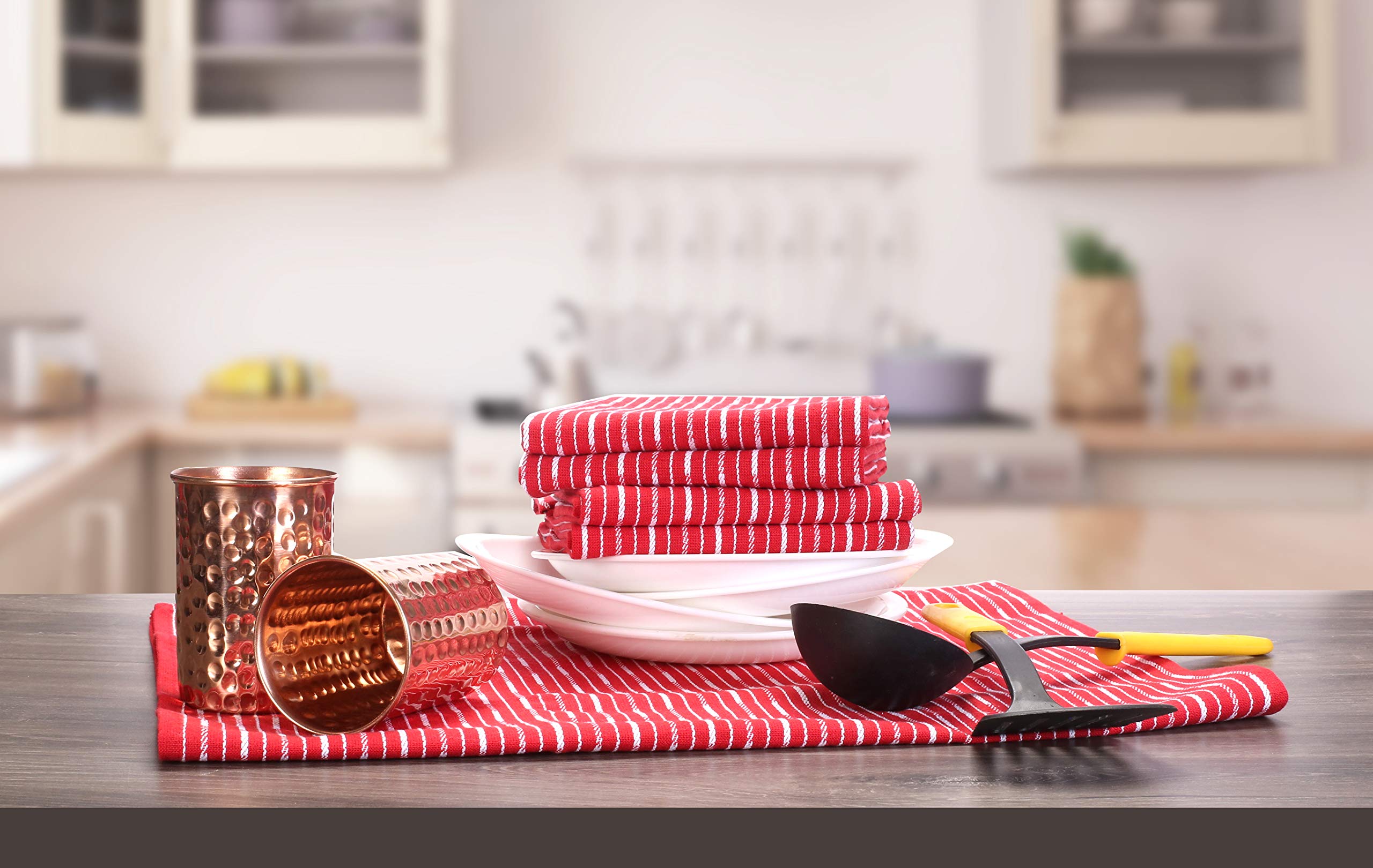 Brookyn Stripe Kitchen Towel 18X28Inch Red,100% Cotton, Quick Dry, Tea Towels, Bar Towels, Highly Absorbent, Cleaning Towels, Ki