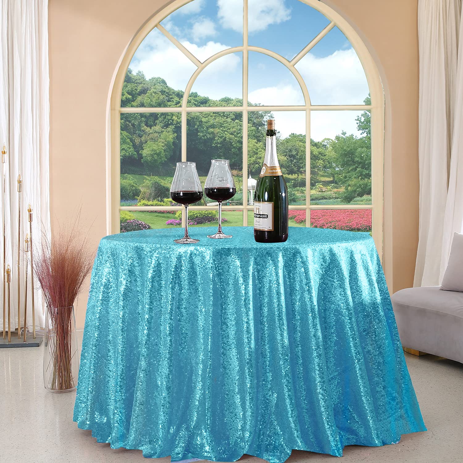 Fyledaee Turquoise Sequin Tablecloth Round 108 Inch Glitter Shimmer Tablecloth For Wedding Baby Shower Birthday Christmas Holida