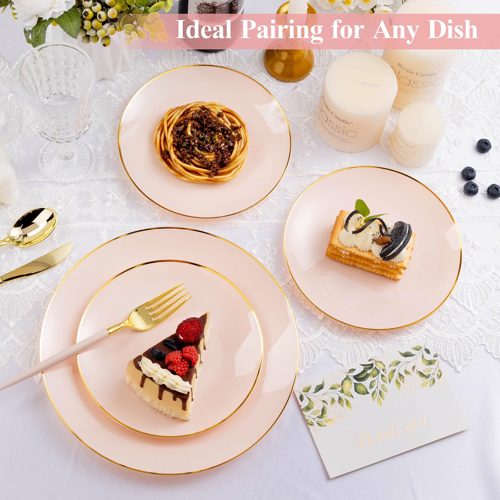 Bestluck 100Pcs Pink Gold Plastic Plates, Pink Disposable Plates For 50 Guests, Pink Pastic Plates Include 50 Dinner Plates, 50