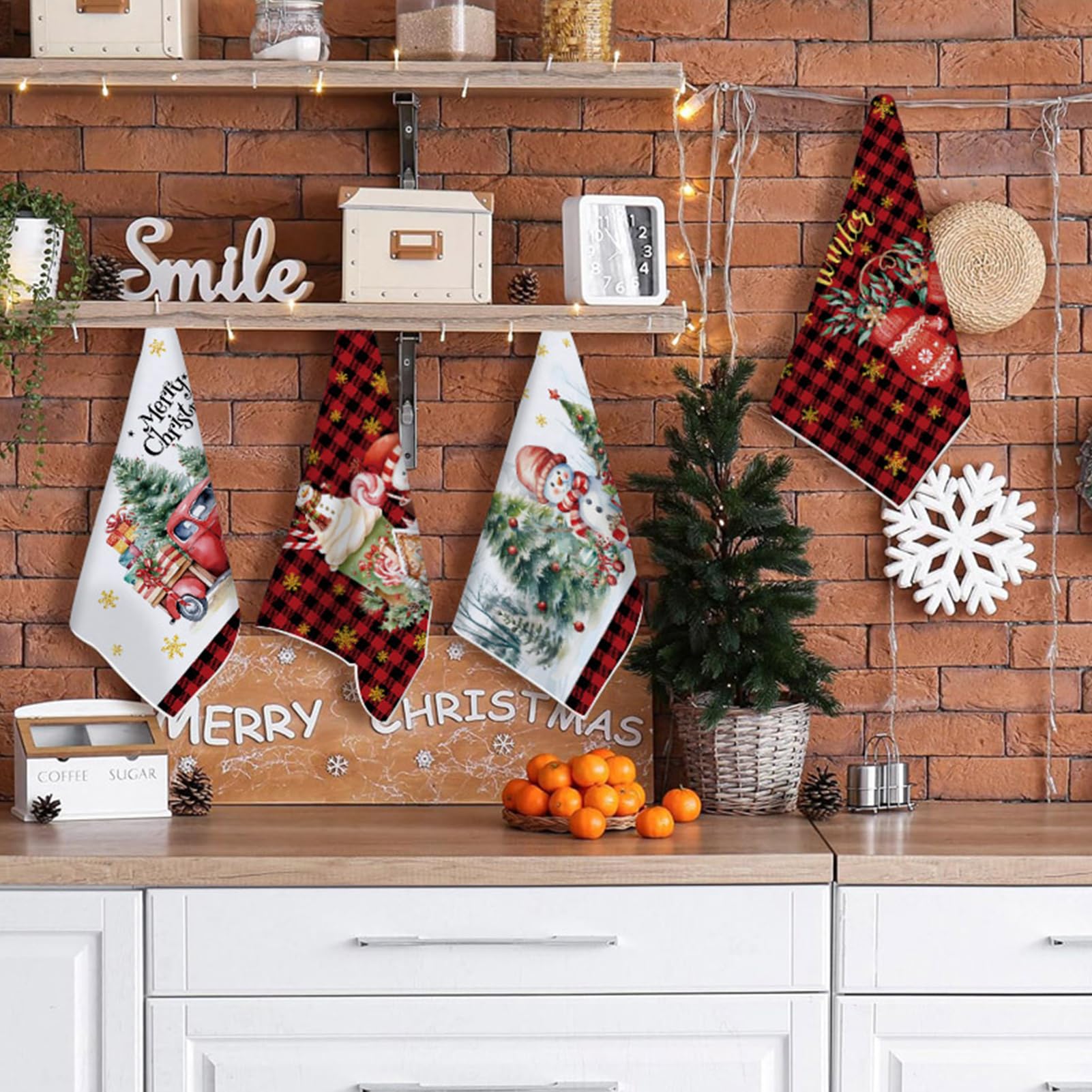 Christmas Kitchen Towels Set Of 2, Black Red Plaid Cute Santa Claus Snowman Dish Towels, Holiday Farmhouse Kitchen Towels Funny