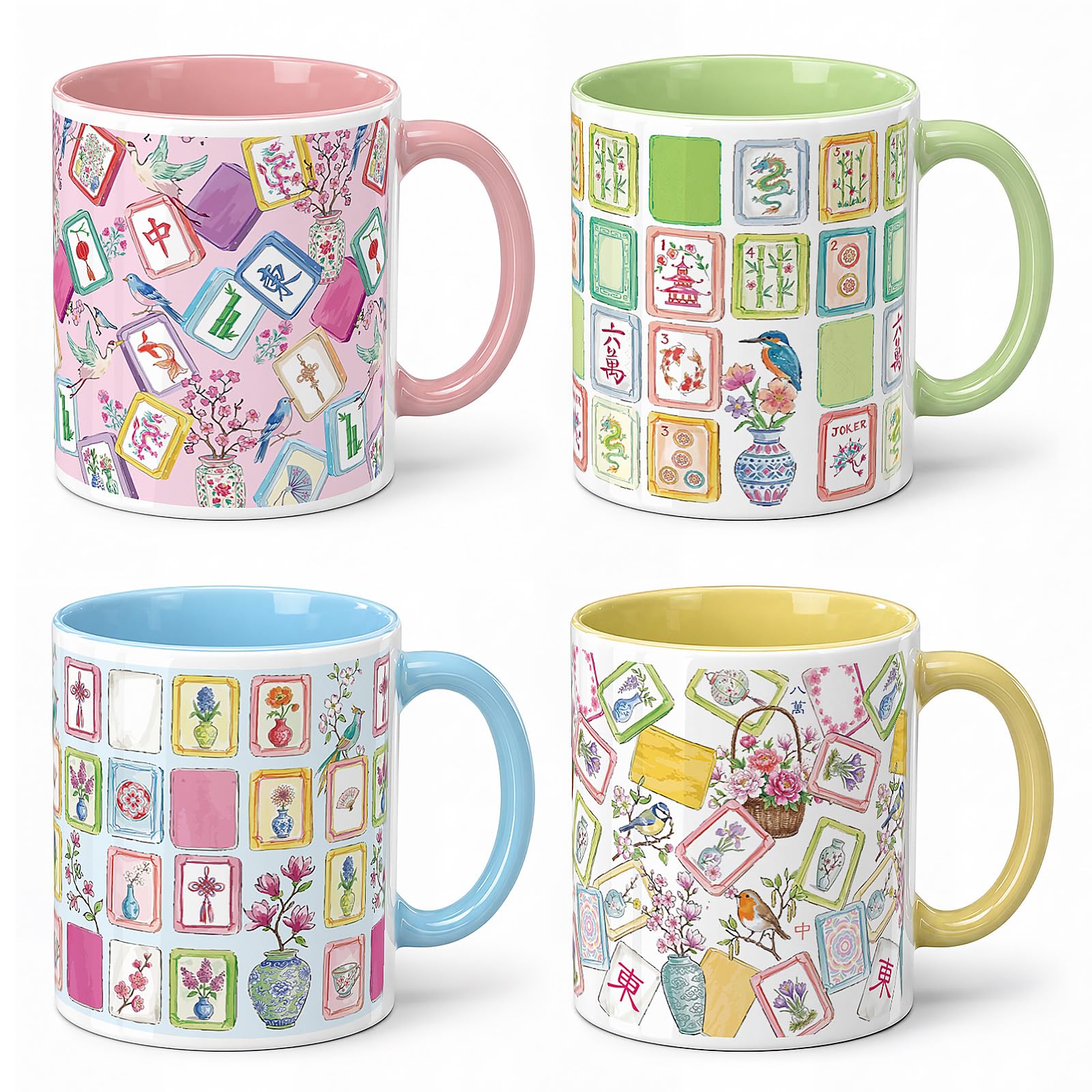 Willinglong 4 Pcs Mahjong Coffee Mugs 11 oz Chinoiserie, Ceramic Mug