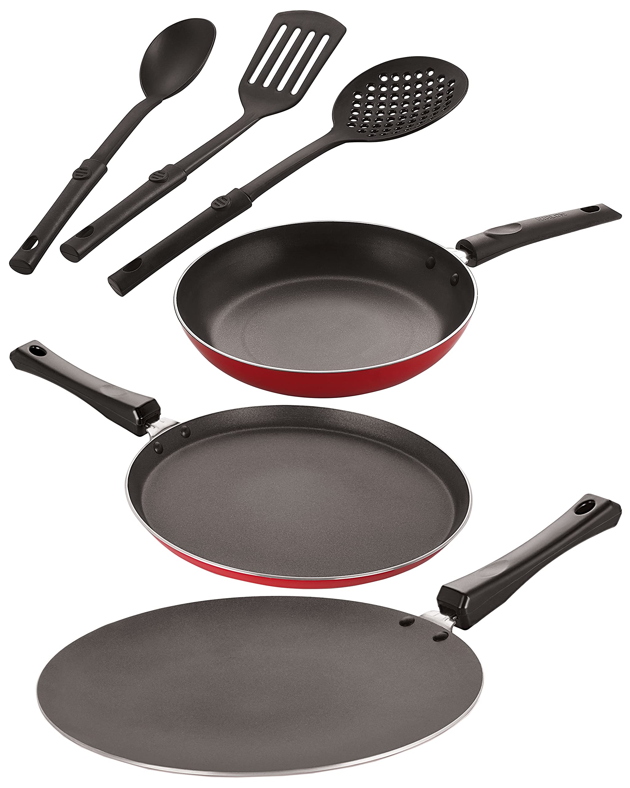 Nirlon Aluminium Nonstick Coated 6 Pcs Set Of Concave Tawa 1228.5Cm / Tapper Pan 2222Cm  1 Ltr/Flat Tawa 1227Cm / 3 Pieces N