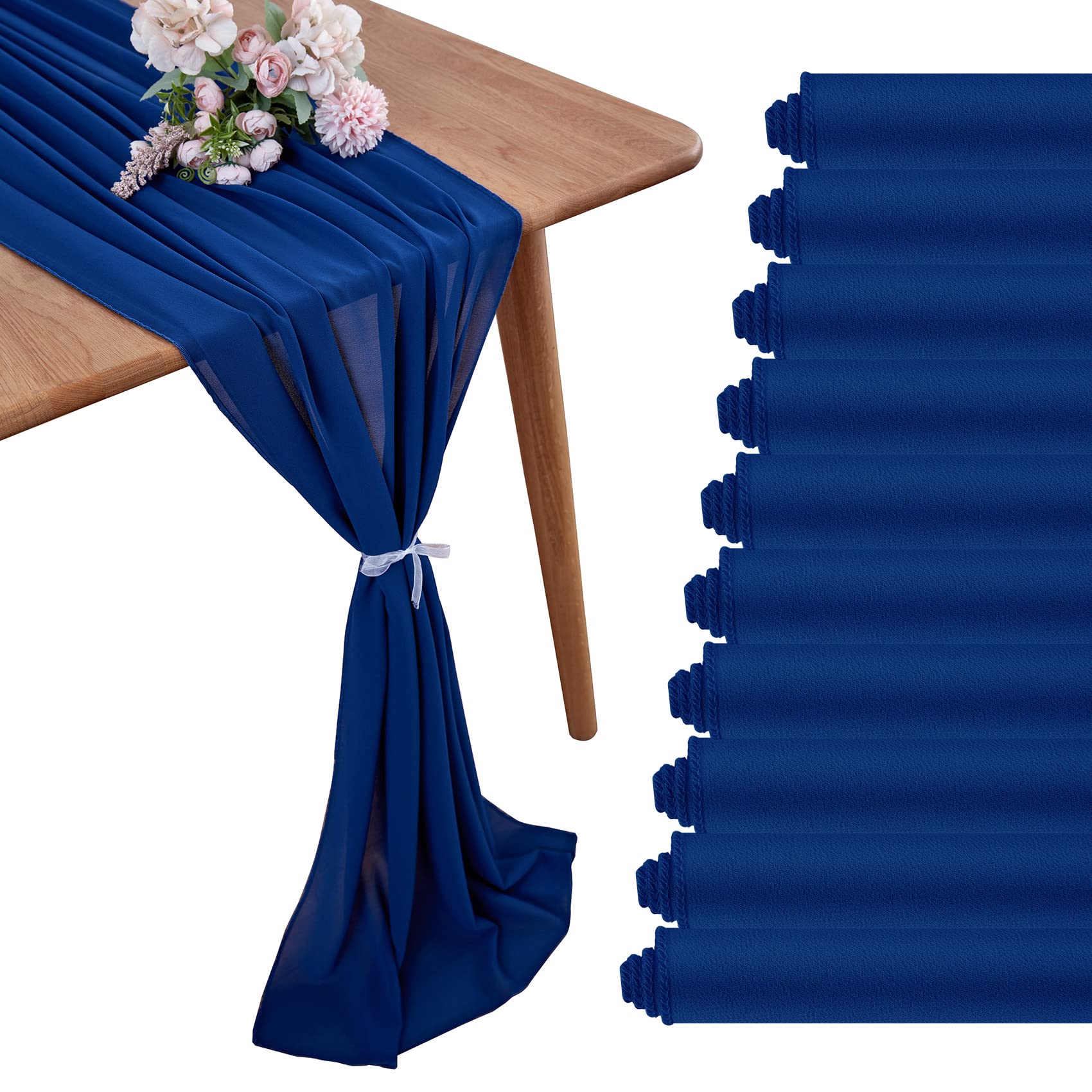 Beddeb 29X120 Inches 10 Pack Navy Blue Chiffon Table Runner 10Ft Sheer Wedding Table Runner Romantic Tulle Table Runner For Wedd