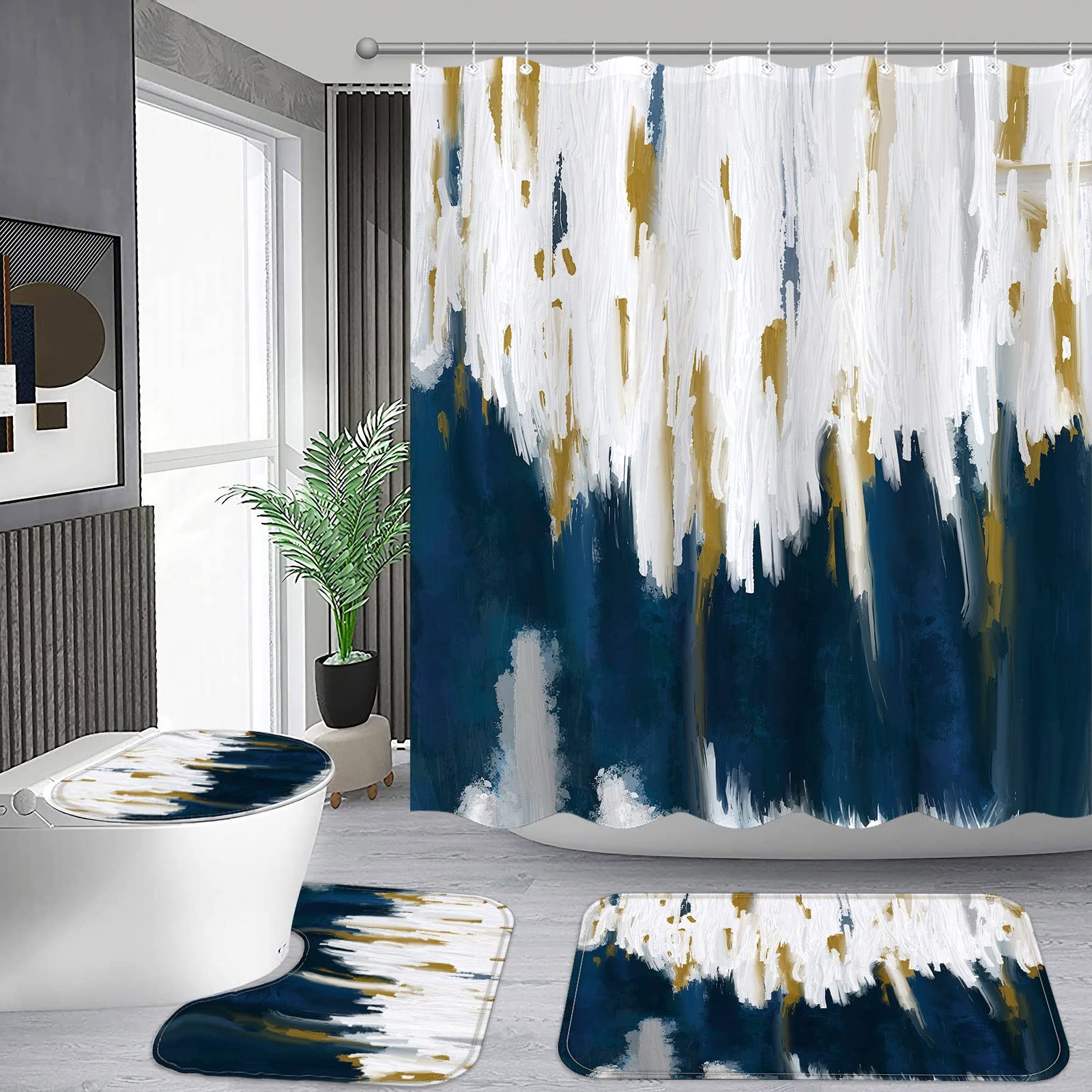 Fungarth 4 Pcs Navy Blue Shower Curtain Set With Rug Abstract Modern Simple Bathroom Sets With Waterproof Fabric Shower Curtain