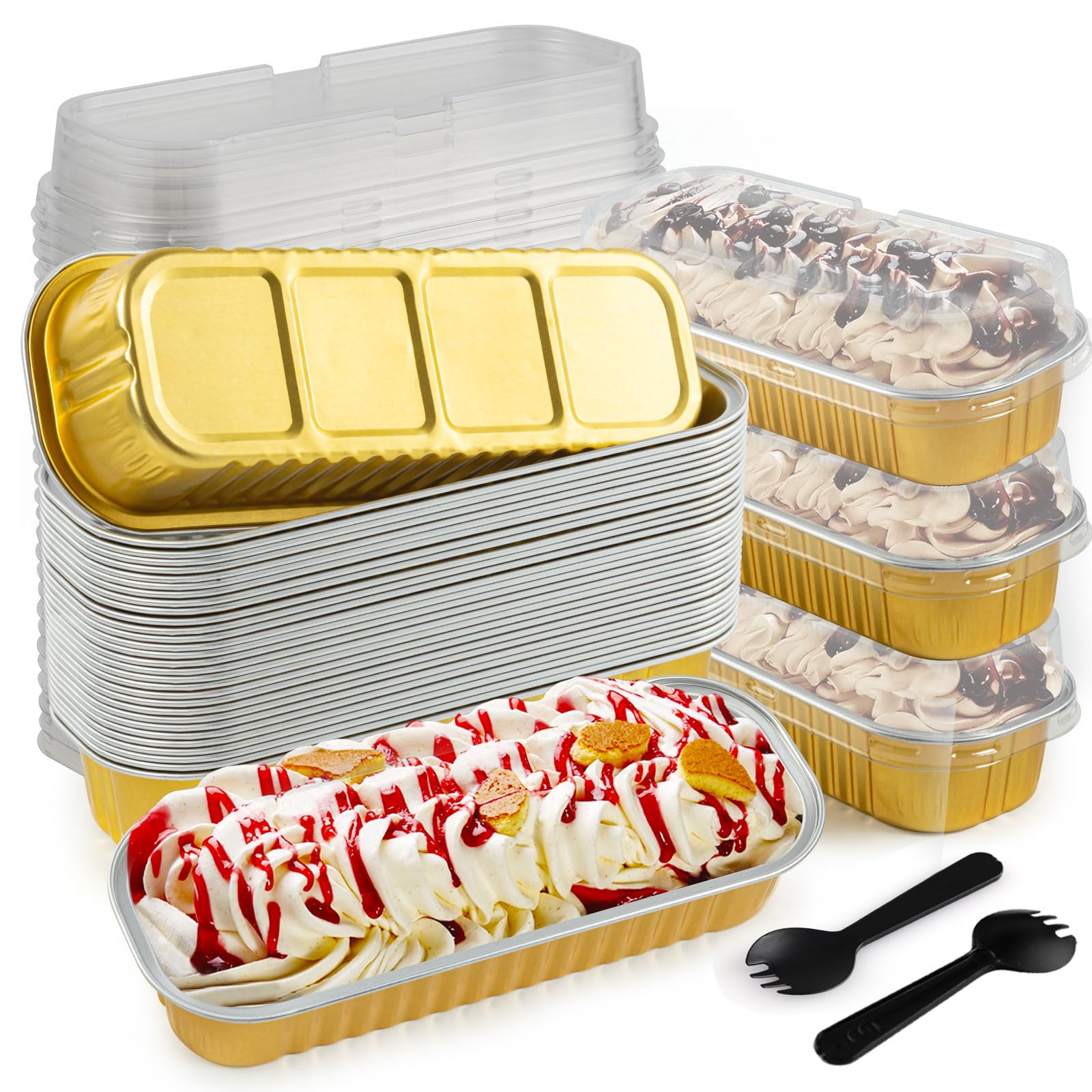 Ffniu 60Pcs Mini Loaf Pans With Lids And Spoons, Aluminum Foil Baking Pans, Rectangle Mini Cake Pans, Brownie Baking Cups For Pi