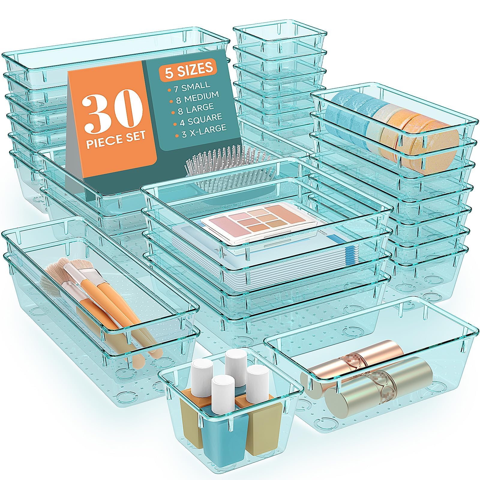 WOWBOX 30 PCS Plastic Drawer Organizer Set, 5 Sizes Desk Drawer Divider Organizers and Storage Bins for Makeup, Jewelry, Gadgets