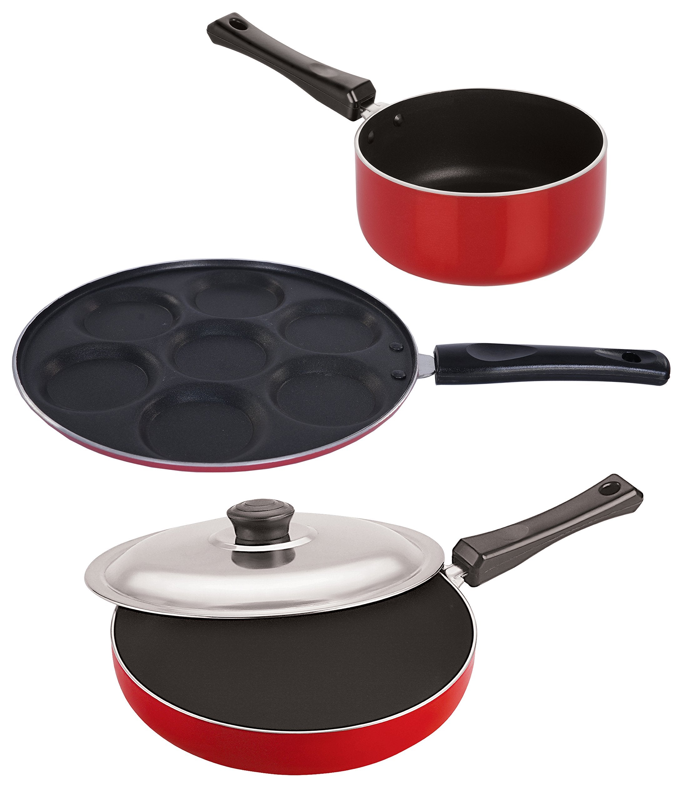 Nirlon NonStick Aluminium Cookware Set, 3Pieces, Red (2.6Mm_Fp12_Sp(B)_Up(7))