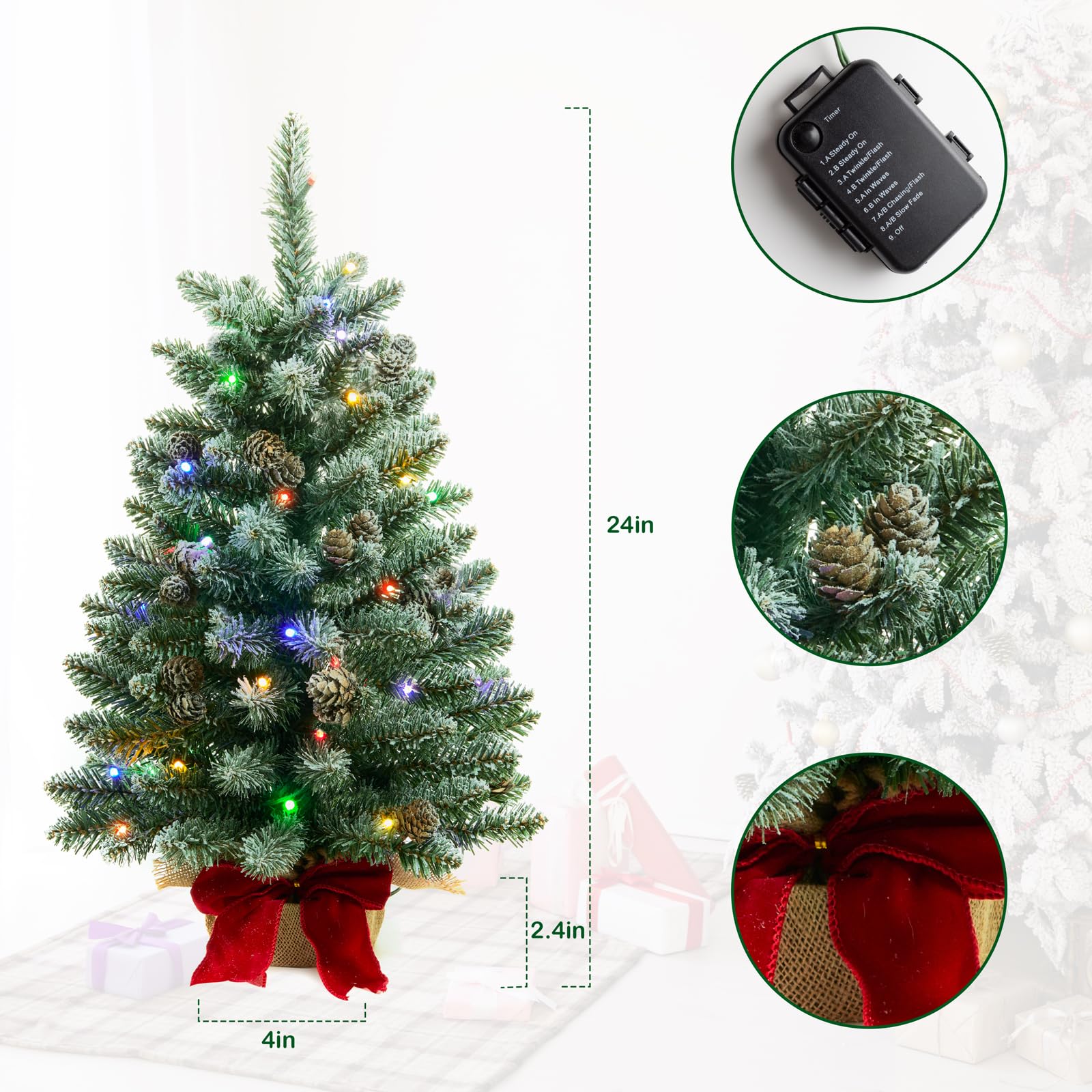 2 ft Mini Christmas Trees with Red Bow Base, 25 F5 LED Lights, 24 Decorated Burlap Artificial Tabletop Christmas Trees with Floc