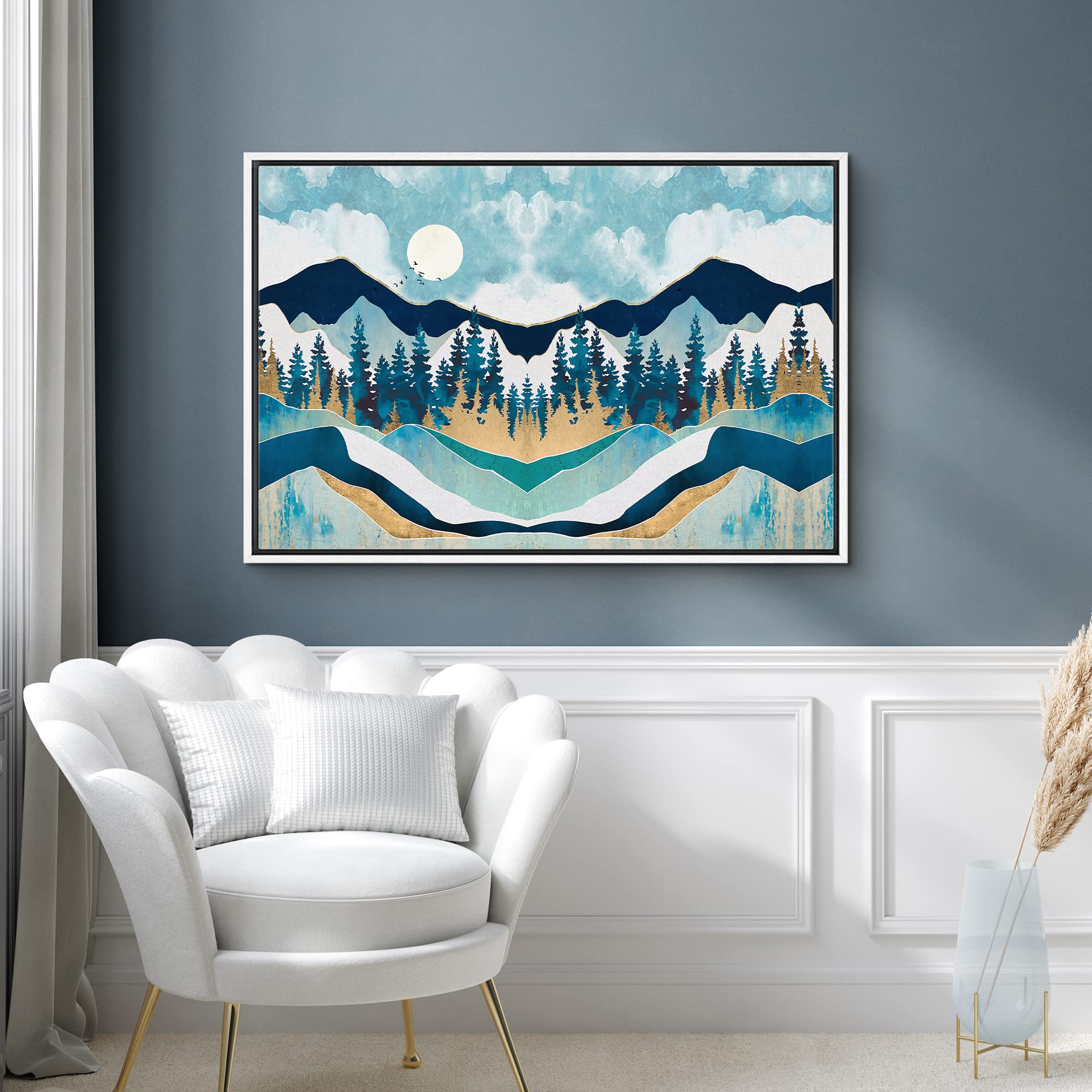 Signford Framed Canvas Print Wall Art Woodland Nursery Decor Symmetrical Teal & Blue Forest & Mountains Abstract Wilderness Mode