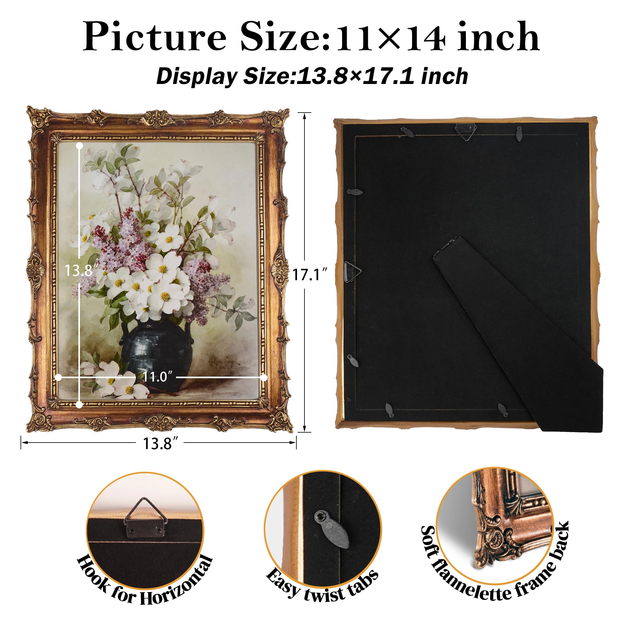 Comfymon 11x14 Vintage Photo Frames, Black Hand-Crafted Resin Photo Frame with Easel & Hook, Home Ornament for Tabletop or Wall