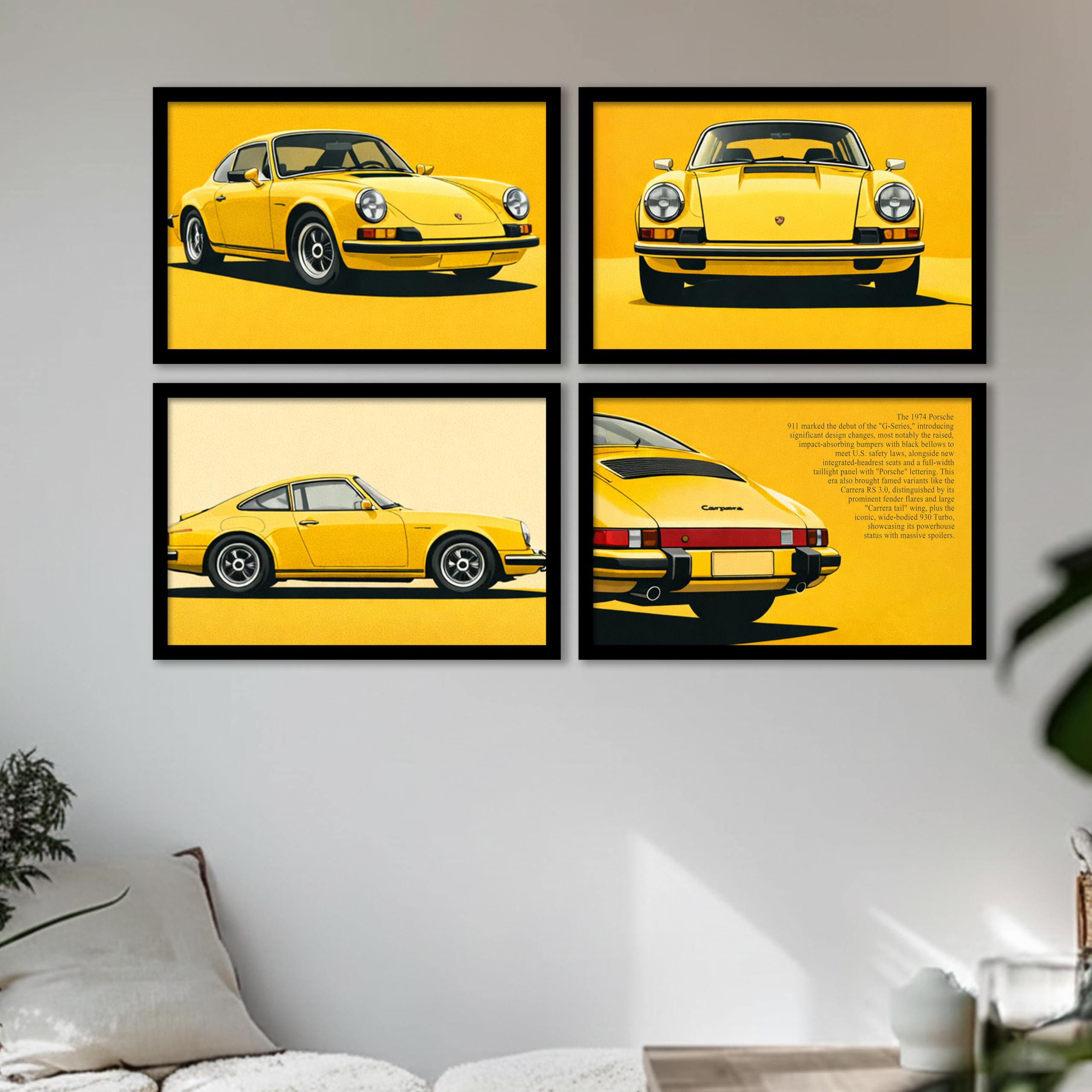 Porsche 911 Classic Framed Wall Art Painting Set Of 4 | Retro Yellow Sports Car Illustration Prints For Living Room, Office & St