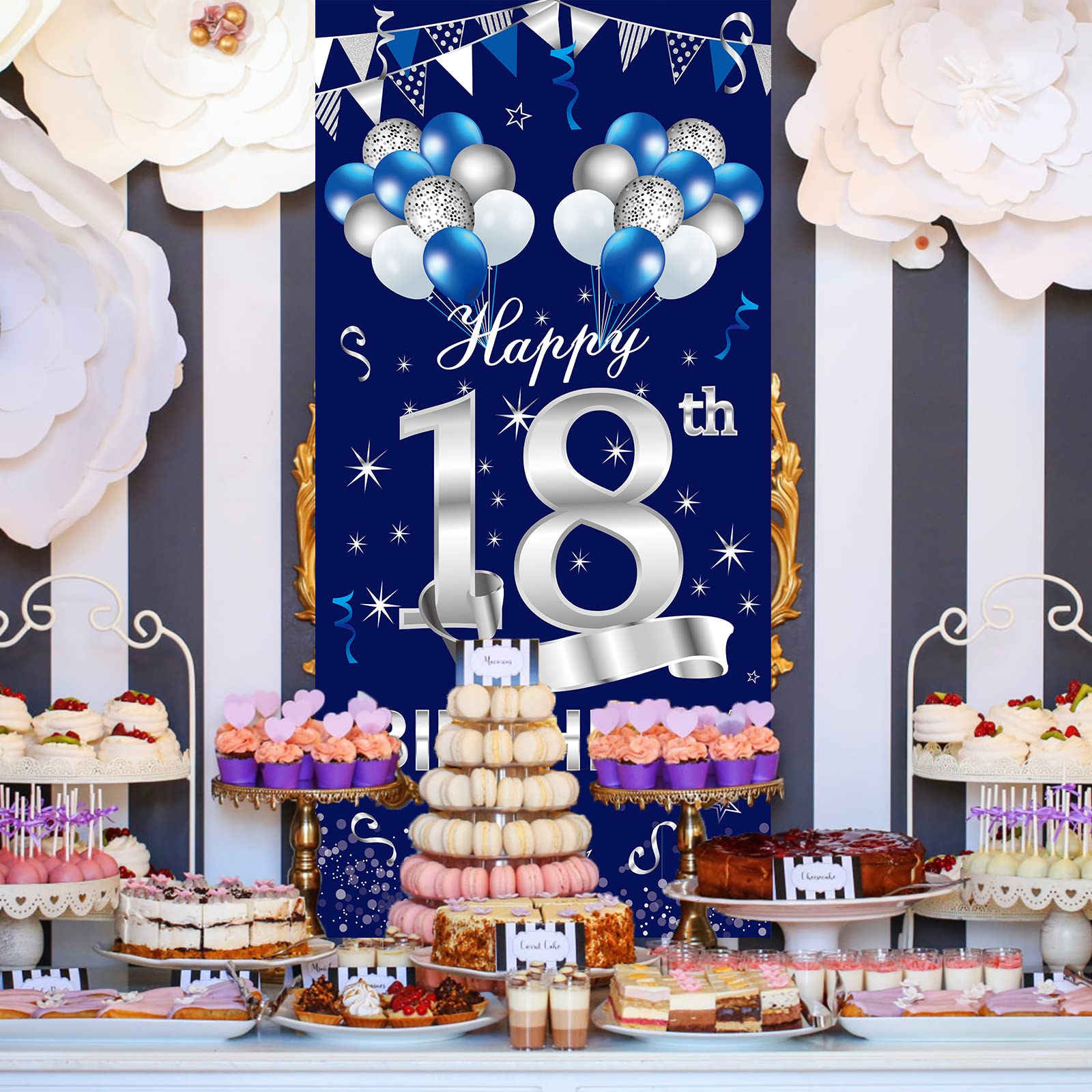 Turypaty Blue Silver 18Th Birthday Door Banner Decorations, Happy 18 Birthday Door Cover Sign Party Supplies For Boys, Sweet 18