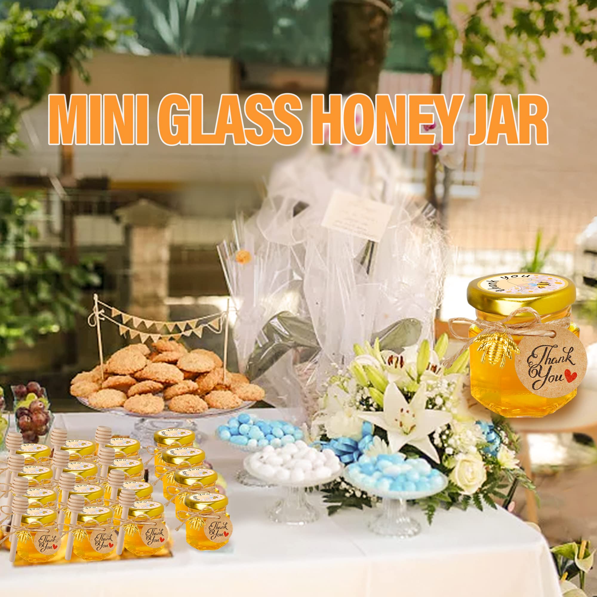 Givameihf Mini Glass Honey Jars-1.5 Oz,60Pcs Hexagon Honey Jars With Wood Dipper,Stickers,Bee Pendants,Tags,Rope,Small Honey Jar