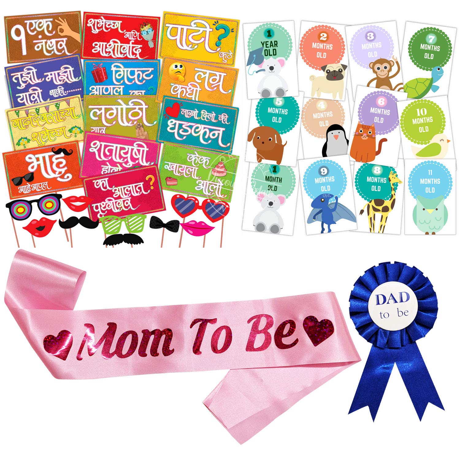 Wobbox Marathi Baby Shower Decoration Items| Baby Shower Ceremony Photo Booth Props For Photoshoot, Daddy To Be Badge & Mom To B