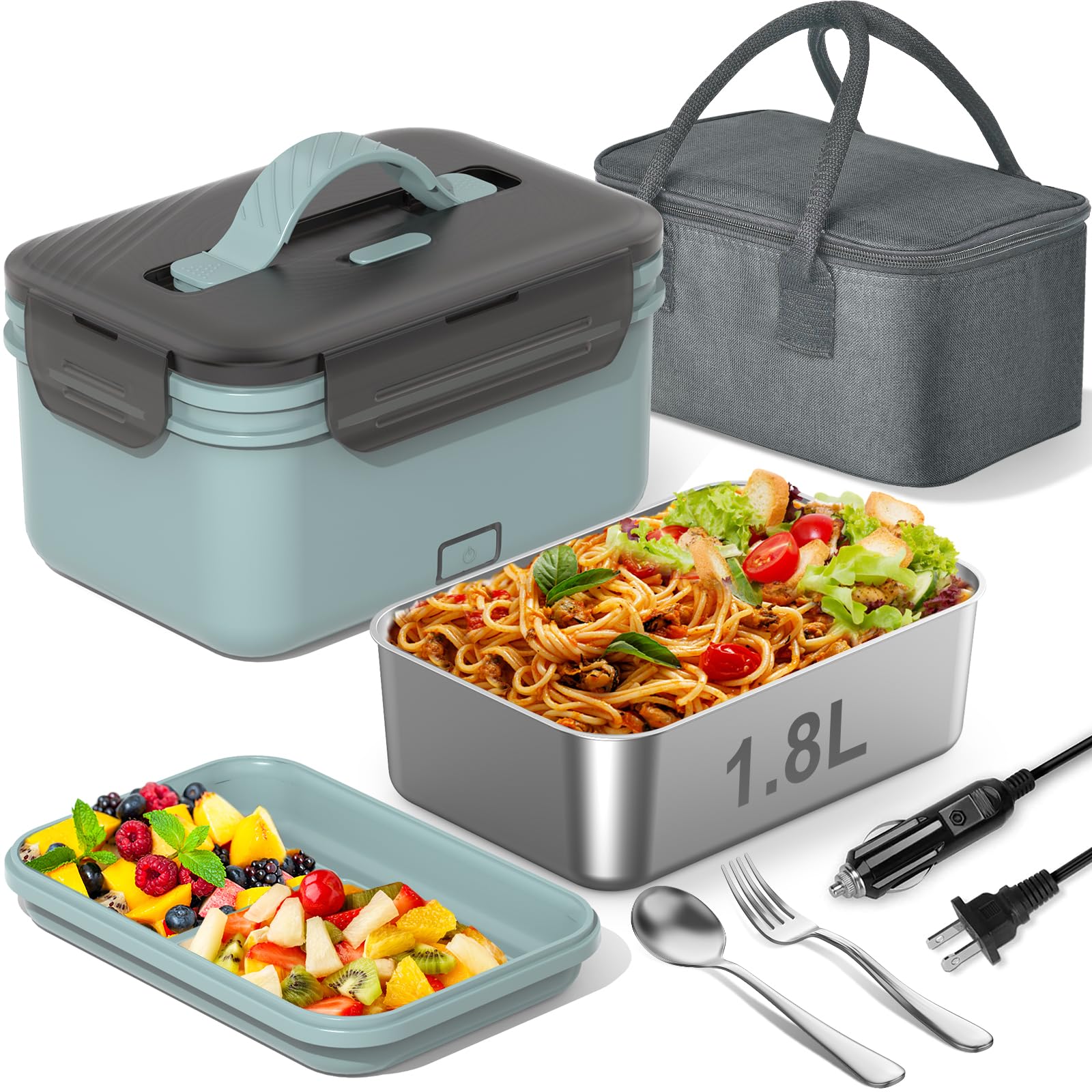 Electric Heated Lunch Box for Car, Truck, Home - 1.8L 100W Portable Food Warmer with 12V/24V/110V/220V Plug - Stainless Steel Le