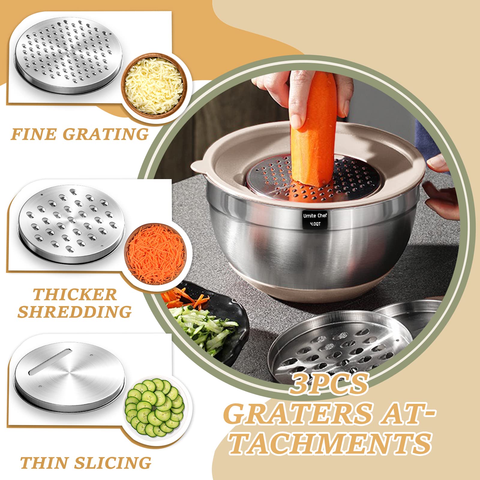 Mixing Bowls With Airtight Lids Set, 26Pcs Stainless Steel Khaki Bowls With Grater Attachments, Non-Slip Bottoms & Kitchen Gadge